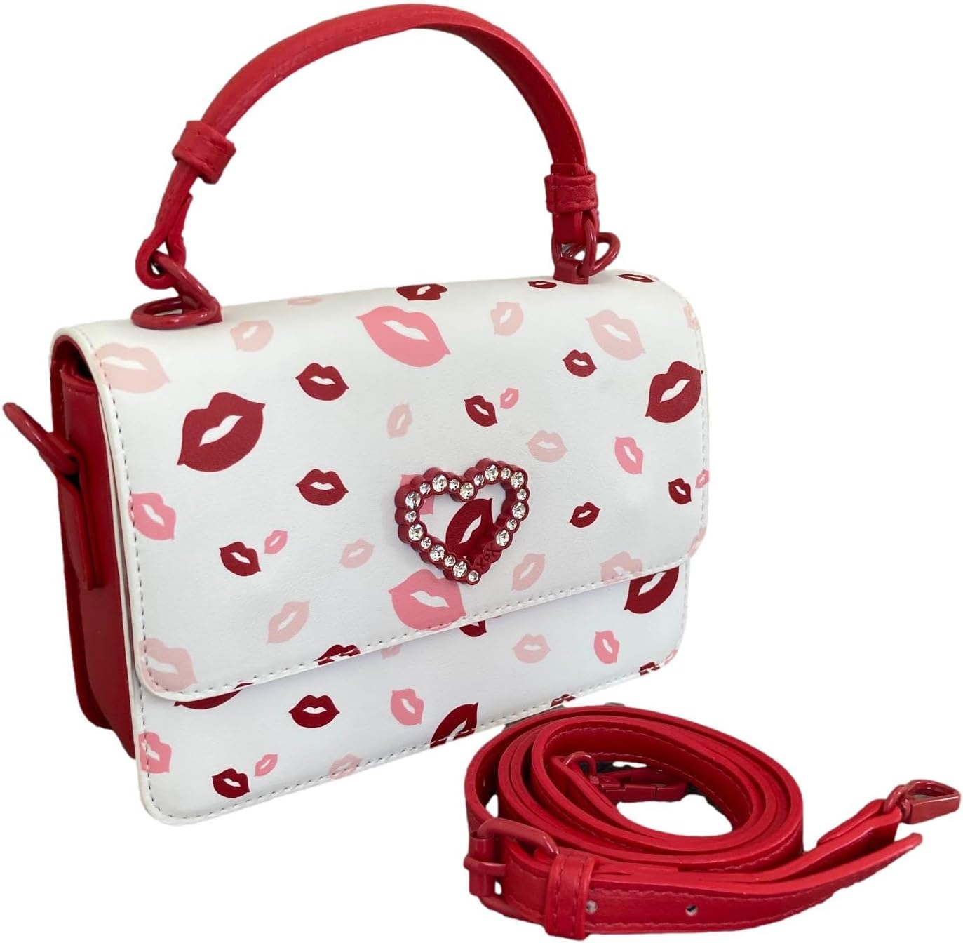 Betsey Johnson XO MYLES Allover Red/Pink Kiss Lips Printed MINI Red & White Faux Leather Fold Over Closure with XOX Rhinestone Red Heart Plaque Fashion Detail MINI Top Handle Crossbody Shoulder Bag