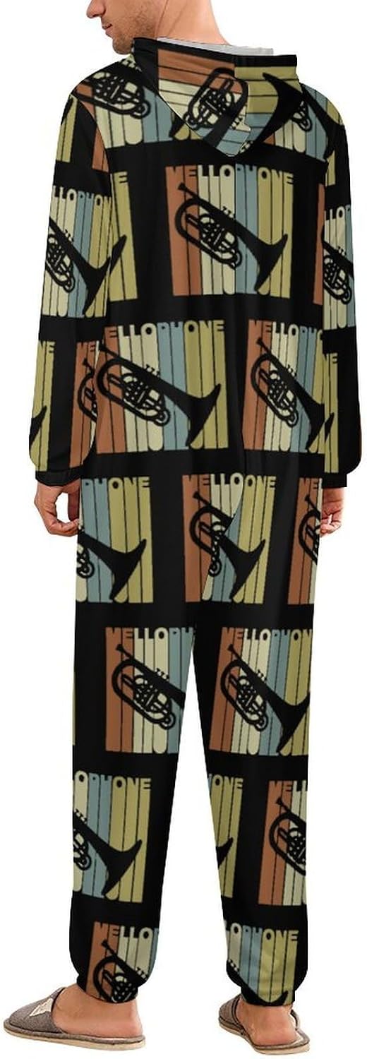 Vintage Mellophone Silhouette Adult Pajamas Onesie with Hood Pocket Jumpsuits One Piece Sleepwear