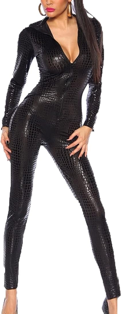 Body Femme Aspect Humide Catsuit Cuir Verni Creux Combinaison Lingerie