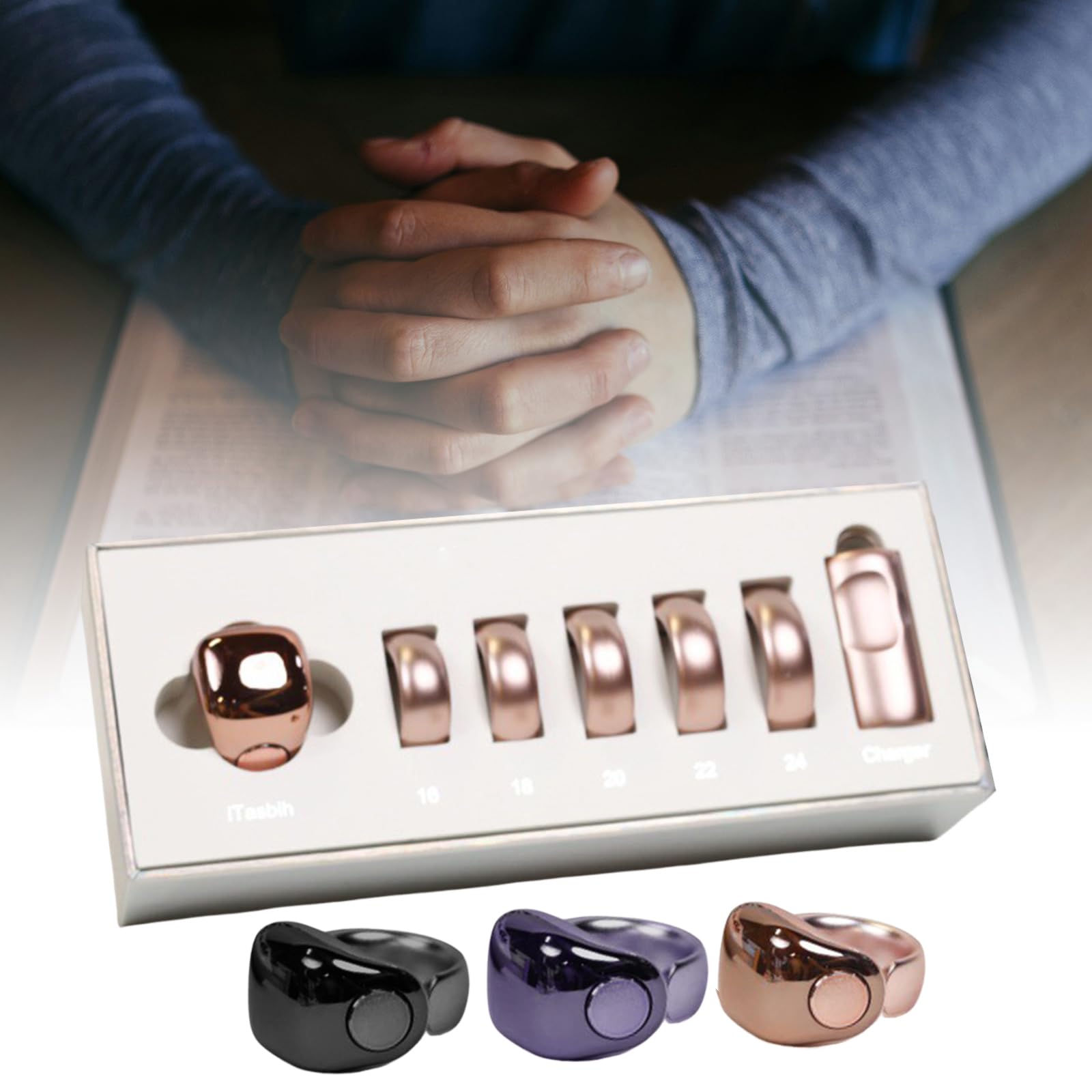 JSGHGDF Tasbih Zikr Smart Ring, Adjustable Ring Finger Counter with Size (16/18/20/22/24mm),APP Support Digital Counter Prayer Reminder Rings, Waterproof 4 Digit Finger Counter (Gold)