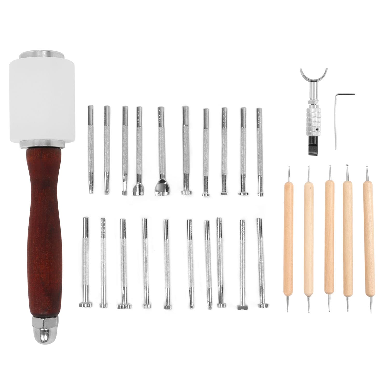 Set di 28 utensili per lavorazione della pelle, strumenti manuali fai-da-te per la lavorazione della pelle con martello da intaglio e punzoni, kit in lega di zinco e legno di
