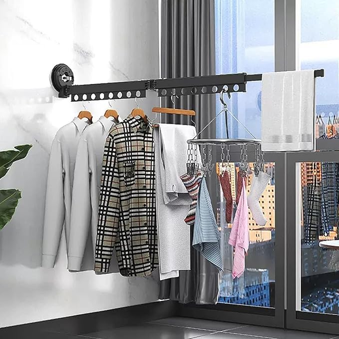 Image of Jumix Multifunctional Folding Clothes Rack | 360 Rotating Adjustable Laundry Drying Rack with Strong Suction Cup | Extendable Hanger Organizer for Home Use