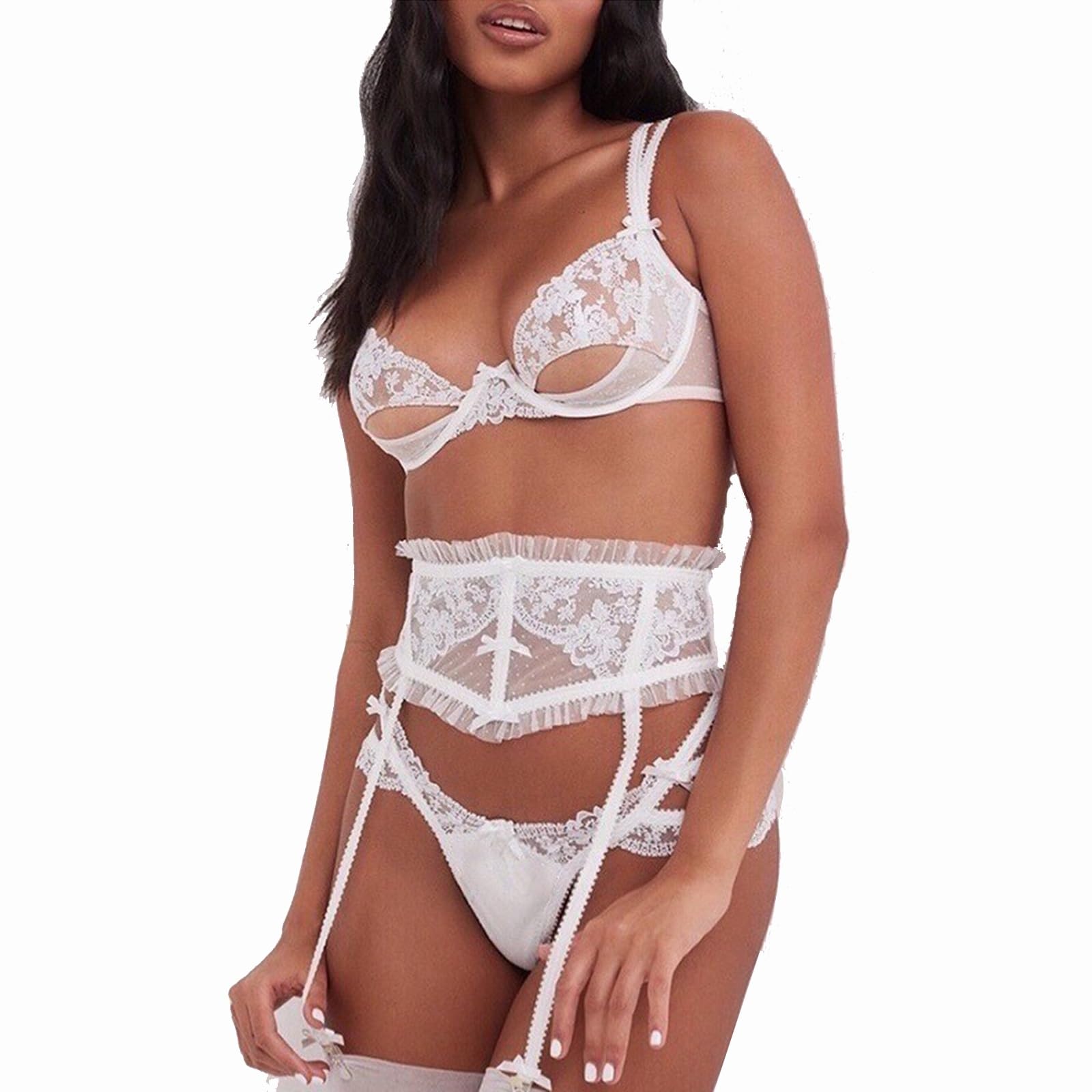 Liguero de Encaje Sexy Para Mujer con 4 Clips, Tanga de Malla de Cintura Alta, Liguero Ajustable para Medias