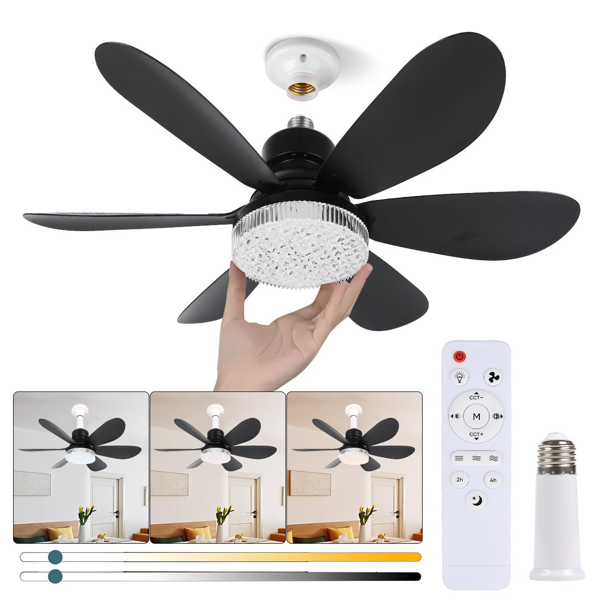 Ventilador de Techo con Luz de 52Cm, 40W Abanico de Techo con Luz, Lampara Ventilador de Techo Incluye Expansor y Base de Abanico, 3000K-6500k/luminosidad Regulable, Tres Velocidades del Viento