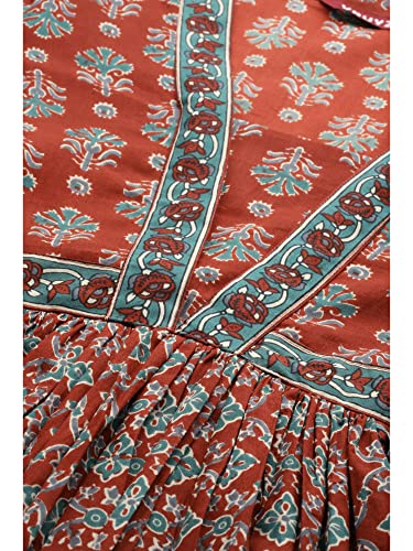 Image of Vbuyz Women's Floral Print Anarkali Cotton Aqua Blue Stitched Kurta | Anarkali Kurti for Women | Kurta for Women