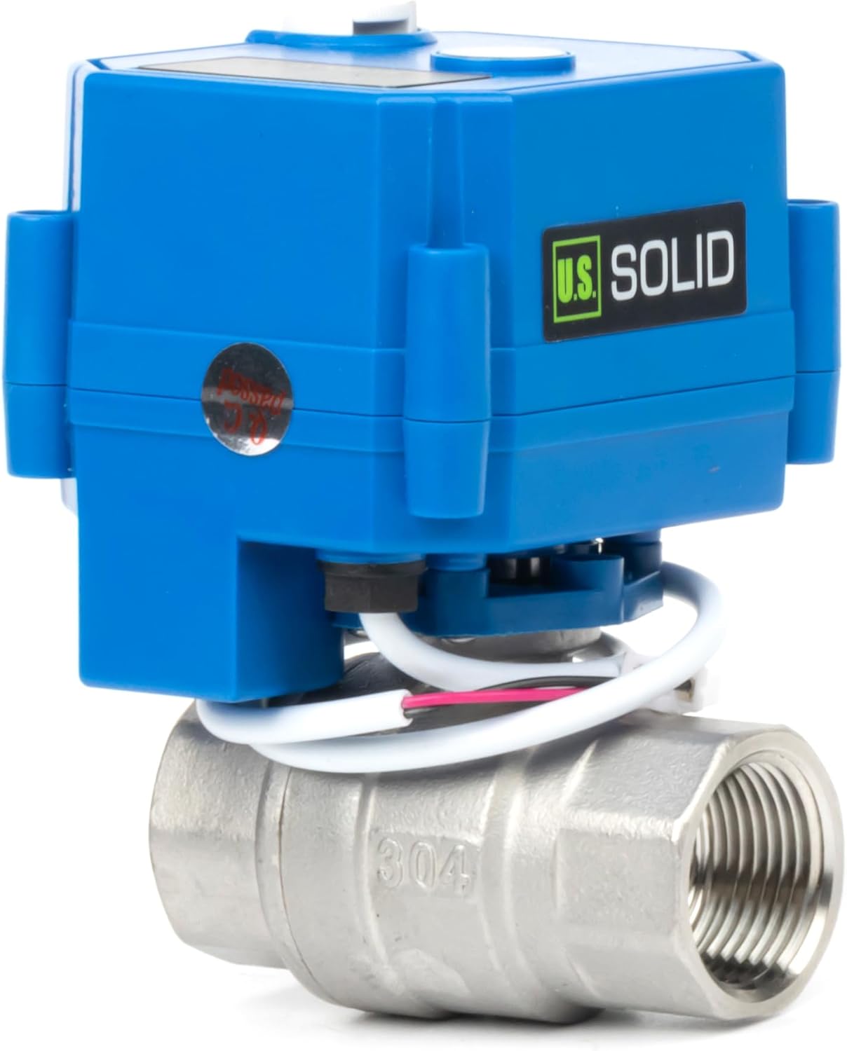 U.S. Solid Motorized Ball Valve with Manual Function - 3/4" NSF Certified 304SS, Full Port, 85-265V AC, 2-wire Automatic Return, Normally Closed