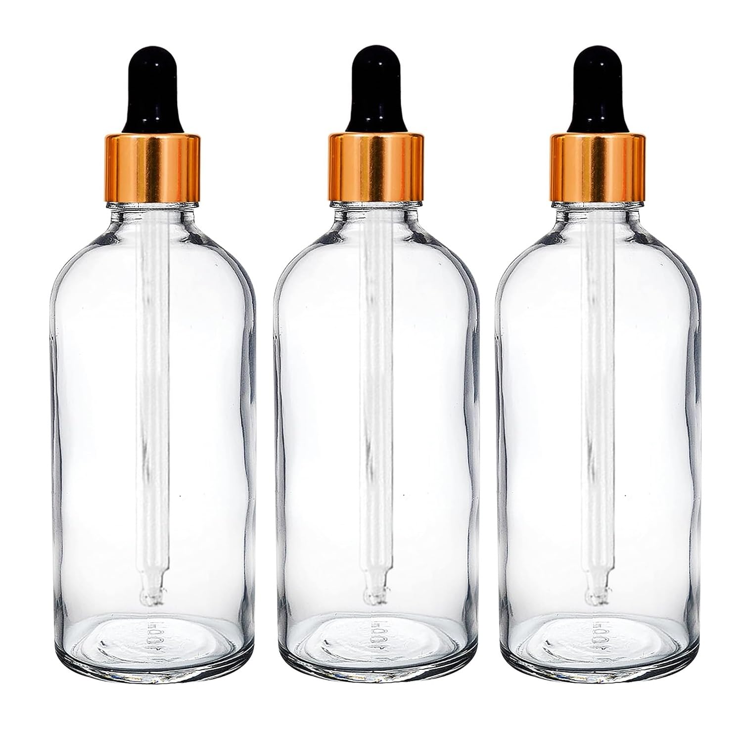100 ML Clear/Transparent Round Empty Glass Bottle + Dropper + Gold Ring + Silcon Black Teat (Pack of 3) Refillable, Leak Proof For Essential Oils, Perfumes-image-40