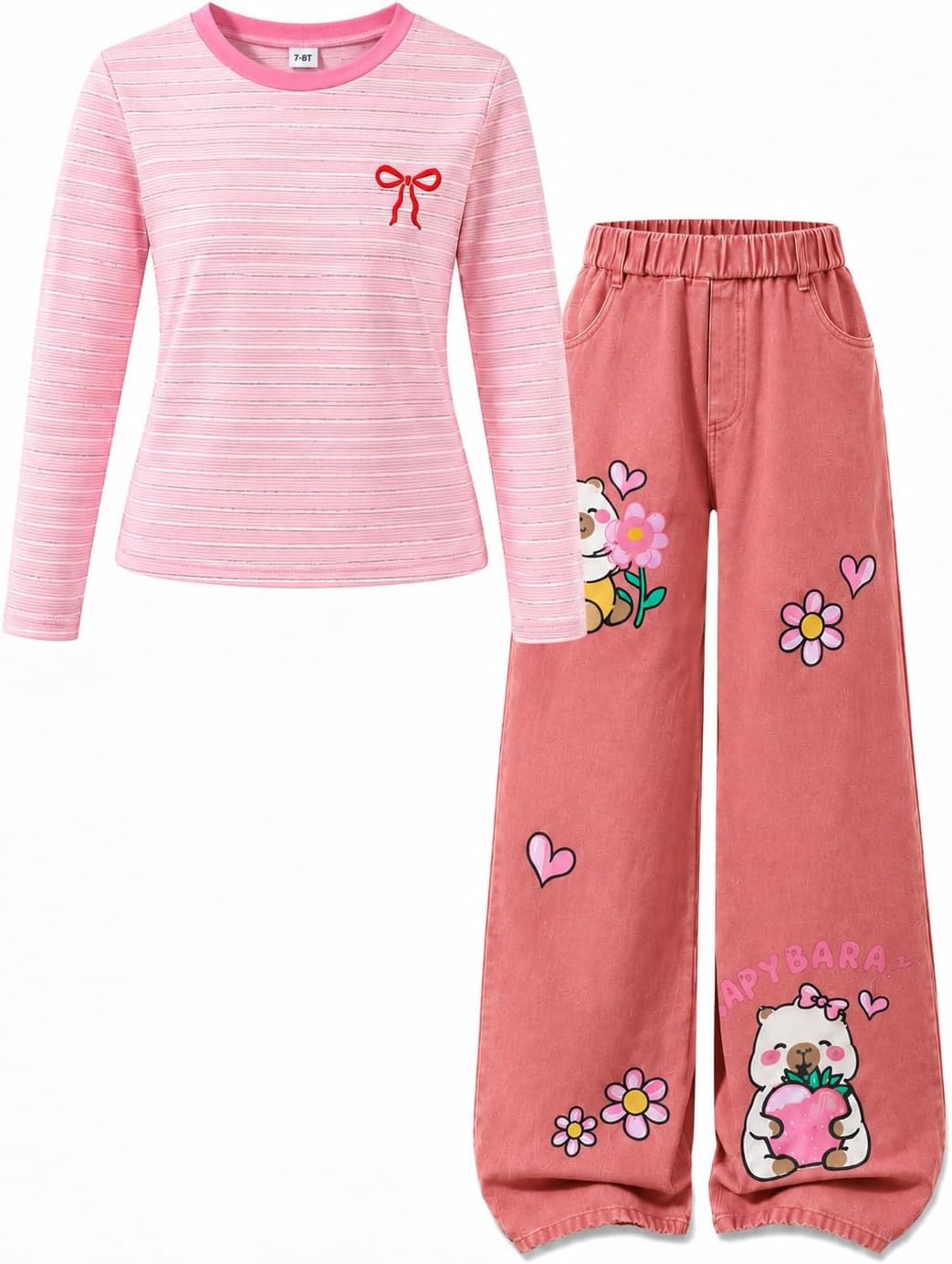 KIDLAGA Girls Clothes 2 Piece Outfits Long Sleeve Top and Capybara Wide Leg Jeans Clothing Sets 7-14 Years