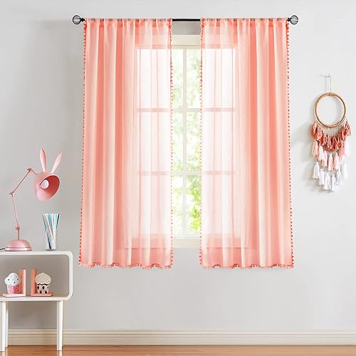 Miniatura 2 de Treatmentex Cortinas traslúcidas con pompones para dormitorio de niñas, 63 pulgadas, cortinas para ventana de sala de estar, cortinas de ventana de