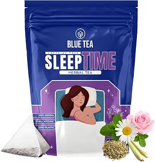 BLUE TEA - Sleep Time Tea - 30 Count - Plant Based Tea Bag | Perfect for Sleep Time | Helps with Insomnia, Snoring - Supports Deep Relaxation - Relieve Stress | Caffeine Free - Gluten Free | Chamomile, Lavender, Valerian | Ziplock Pack