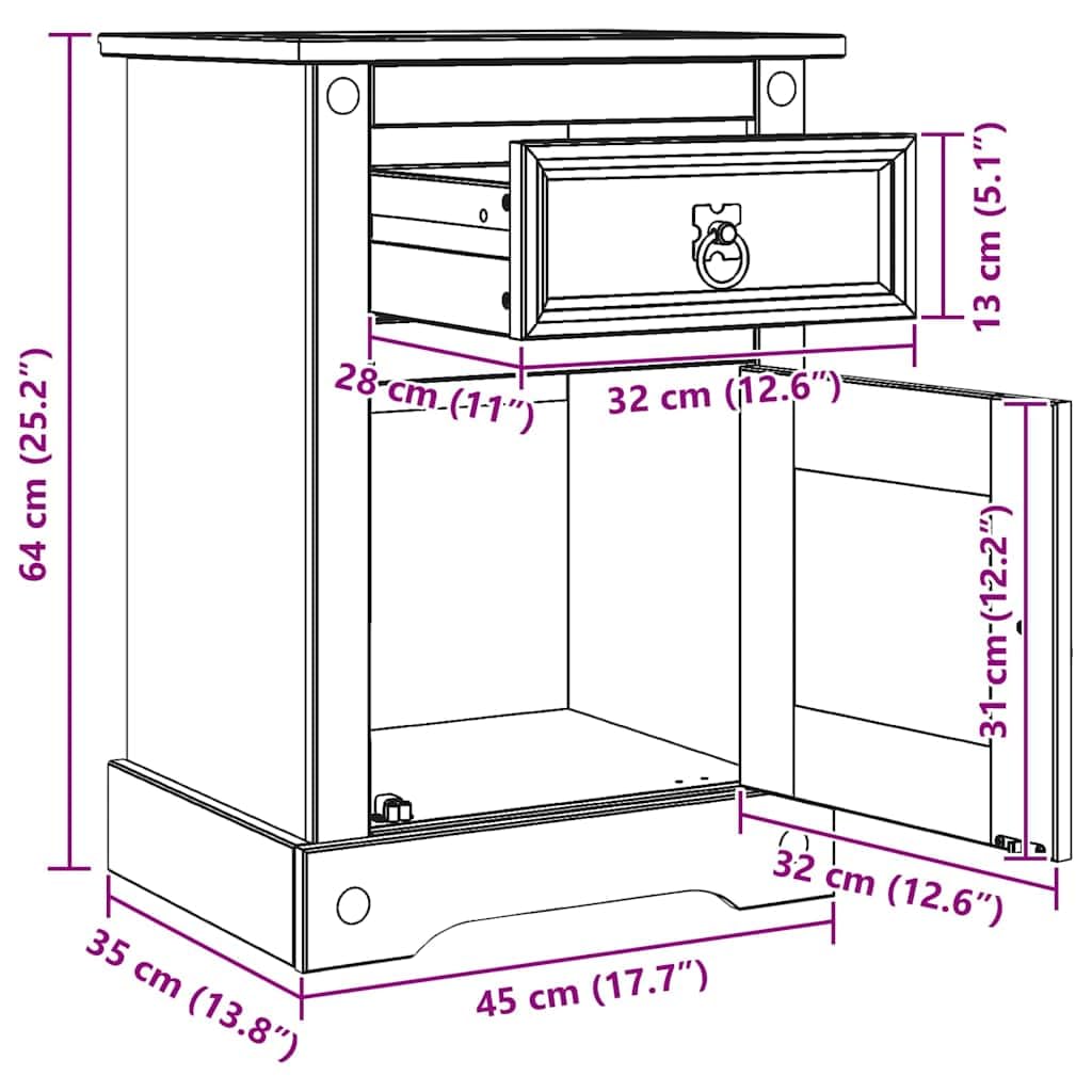 Comodino Corona, bianco, in legno di pino massiccio, 45 x 35 x 64 cm, con cassetto e vano portaoggetti, tavolino versatile per camera da letto, soggiorno, corridoio e camera degli ospiti