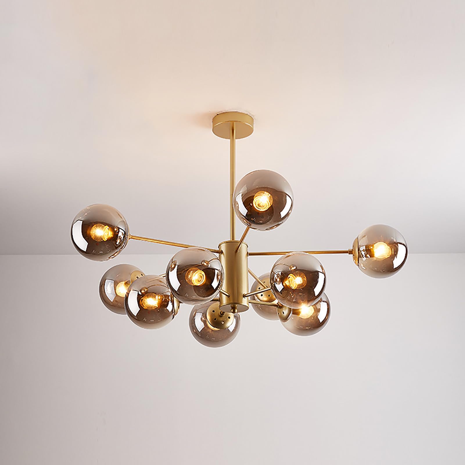 Mid Century Modern Chandelier, Glass Linear Pendant Light Dimmable Light Fixture, Decorative Globe Ceiling Light for Dining Room, Bedroom, Kitchen, Easy Installation(10 Heads, Gold + Smoke Gray)