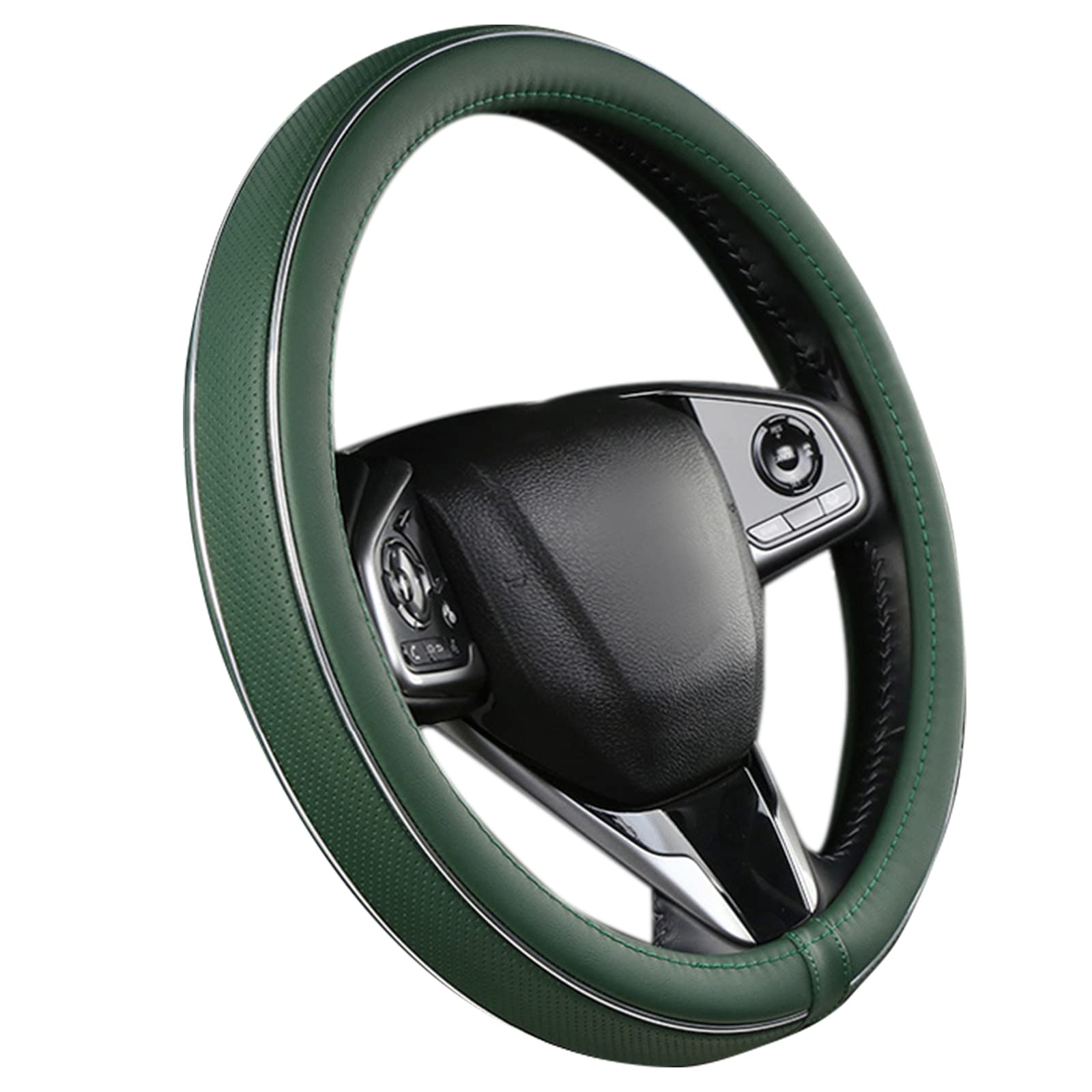 BubabyZZ Green Car Steering Wheel Cover, Anti Slip Breathable Comfort Leather with Silver Bright Fiber Strip, Universal Protector for All Season 15 inch Fit Most Cars