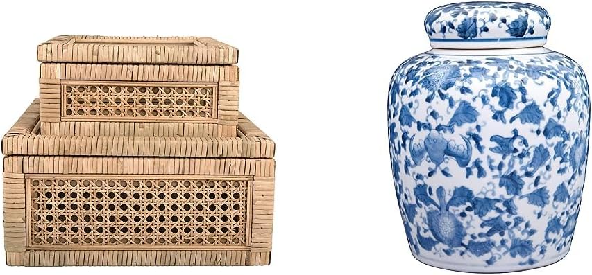 Creative Co-Op Modern Decorative Square Woven Rattan and Wood Display Boxes with Glass Top, Set of 2 Sizes, Natural Finish and Decorative Blue and White Ceramic Ginger Jar with Lid