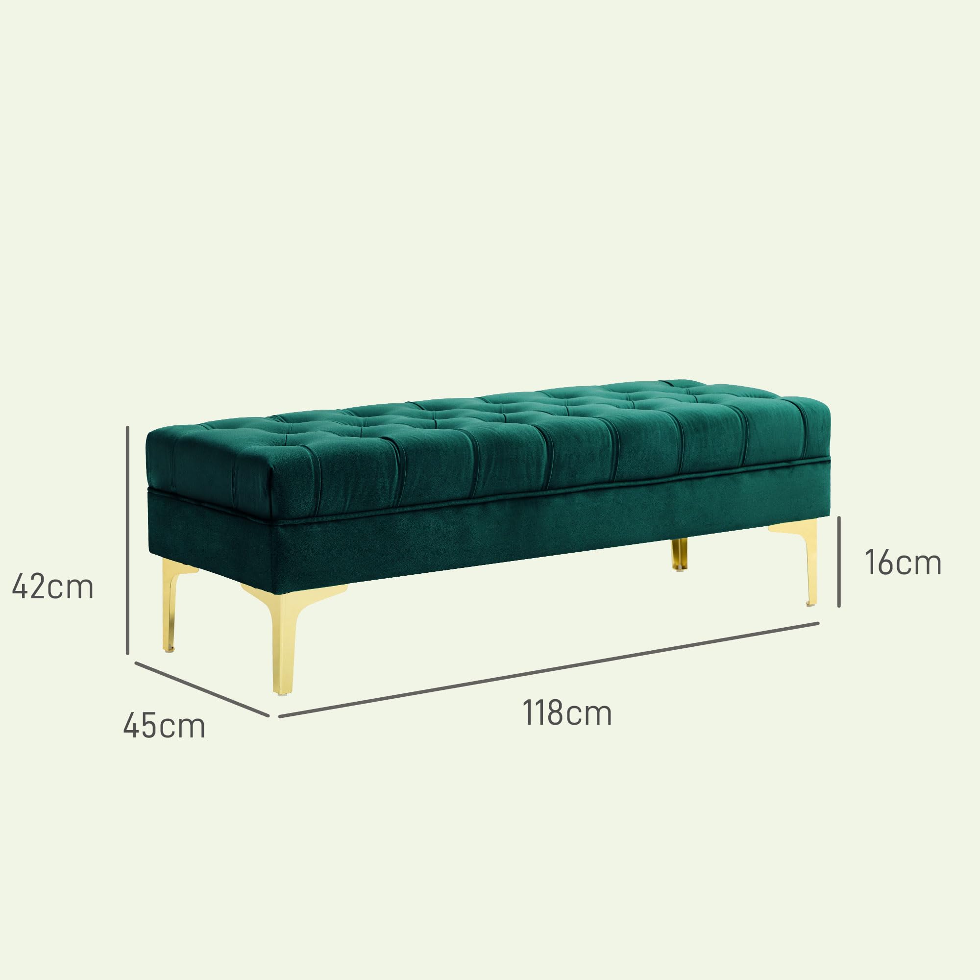 HOMCOM Panca Camera da Letto con Rivestimento Trapuntato, Panca Imbottita in Velluto con Gambe in Metallo per Ingresso, Corridoio e Soggiorno, 118x45x42 cm, Verde Scuro