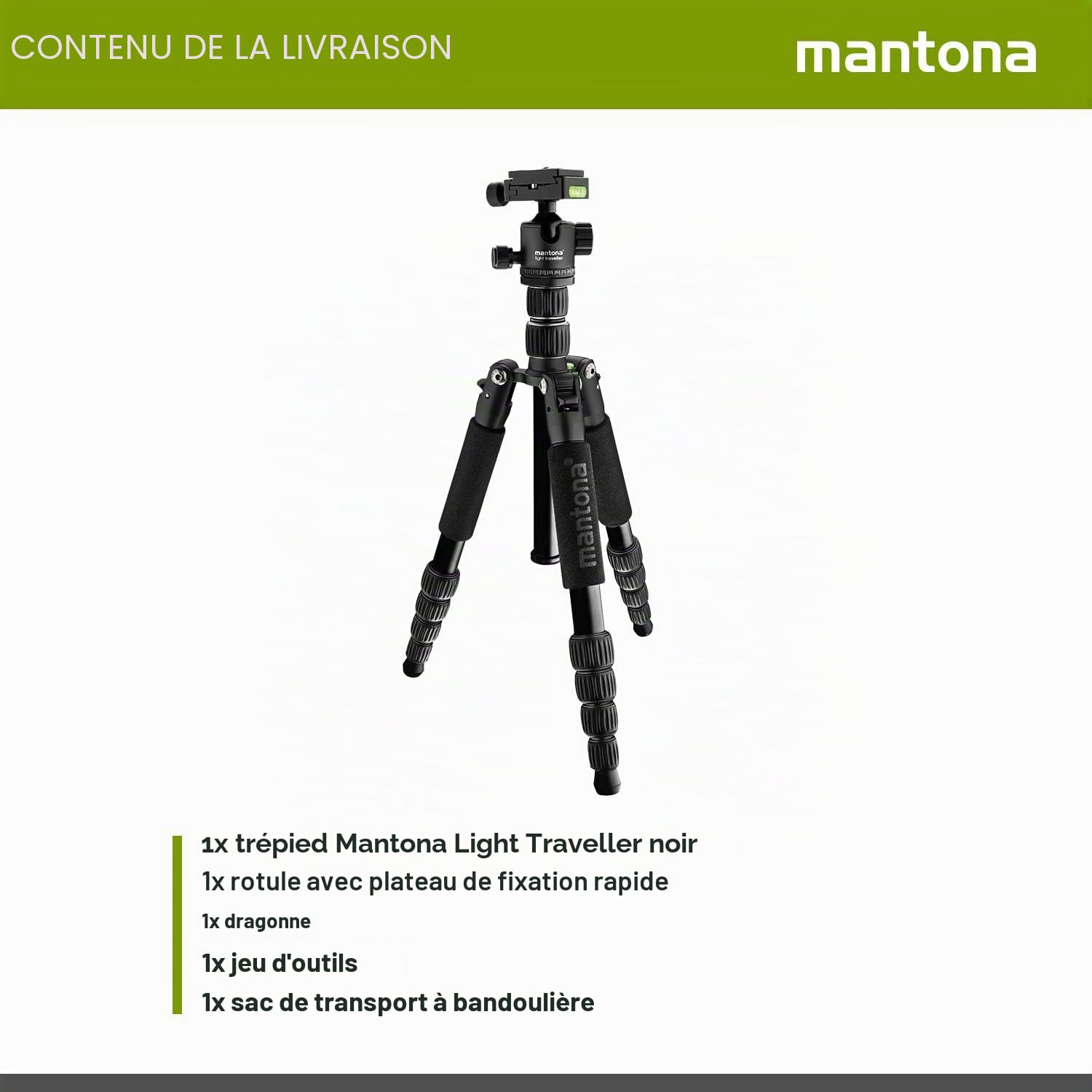 Mantona Light Traveller Trépied de Voyage 131,5 cm Noir en Aluminium pour Appareil Photo jusqu'à 5 kg de Charge maximale - Trépied Photo léger avec rotule et Plaque à dégagement Rapide Arca-Swiss