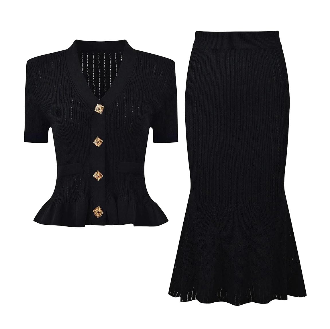 Womens Knit Skirt Set Short Sleeve Cardigan with Diamond Buttons and Fish Tail Skirt Elegant Two Piece Outfit