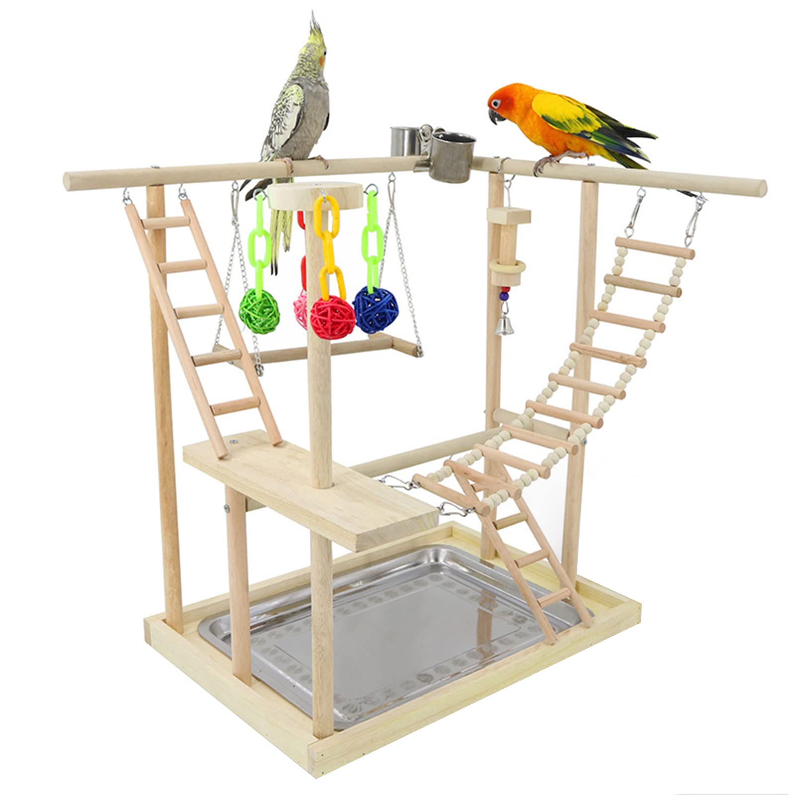 RoseFlower Mesa de Juegos de Loros, Soporte para madera para pájaros, Soporte de Juegos de Aves Columpio Loro Parque Infantil Percha Gimnasio Escalera con Cuenco de Alimentación de Pájaros y bandeja#6