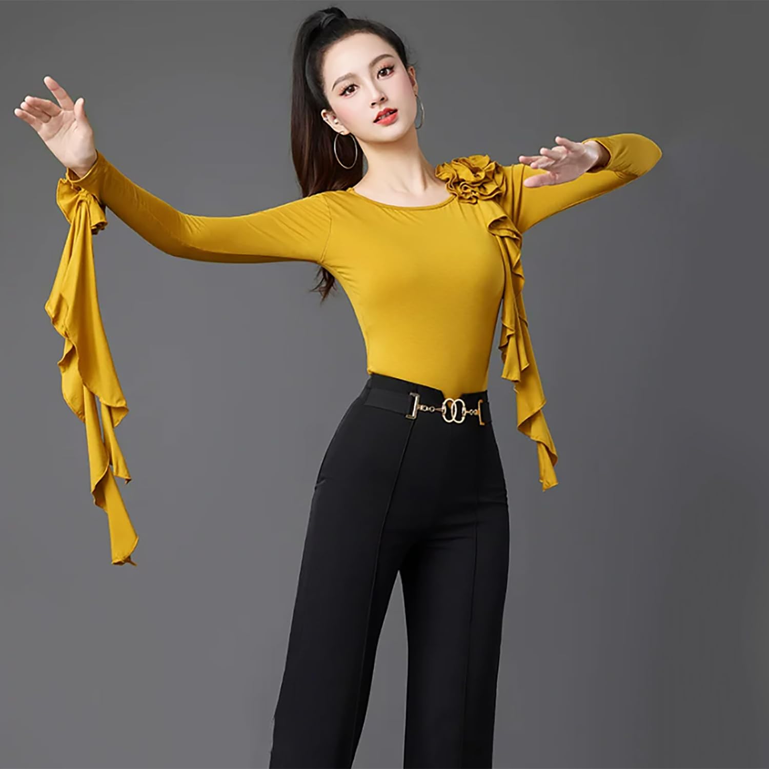 Body De Manga Larga para Baile De Salón Adulto Top De Cuello Redondo para Vals Y Tango Ropa De Baile Estándar Internacional para Mujer Suave Y Liso