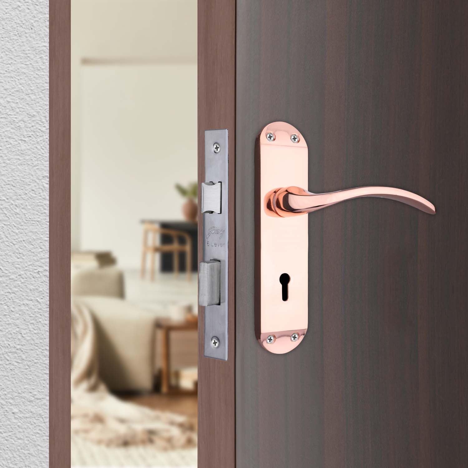 Godrej Mortise Door Lock Handle Set | ELC 02 | 6-Lever Security | Reversible Latch | Corrosion Resistant | for Wooden Doors (Rose Gold Finish) | 1 Year Warranty