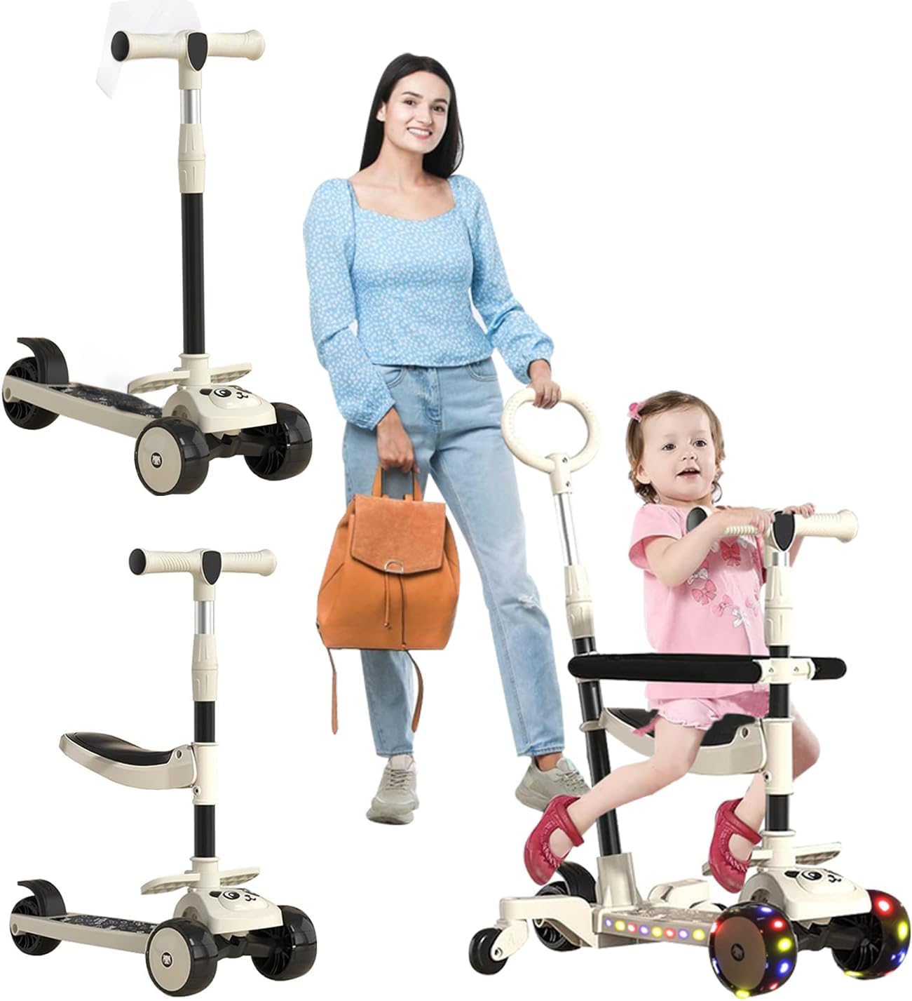 DMG Kids Scooter, 5-in-1 Kick Scooter with Music and Flashing LED Wheels, Adjustable Parent Push Bar Height &Handlebar Height & Foldable Seat &Baby Fence, for Boys & Girls Aged 1-12 and up to 110 Lbs