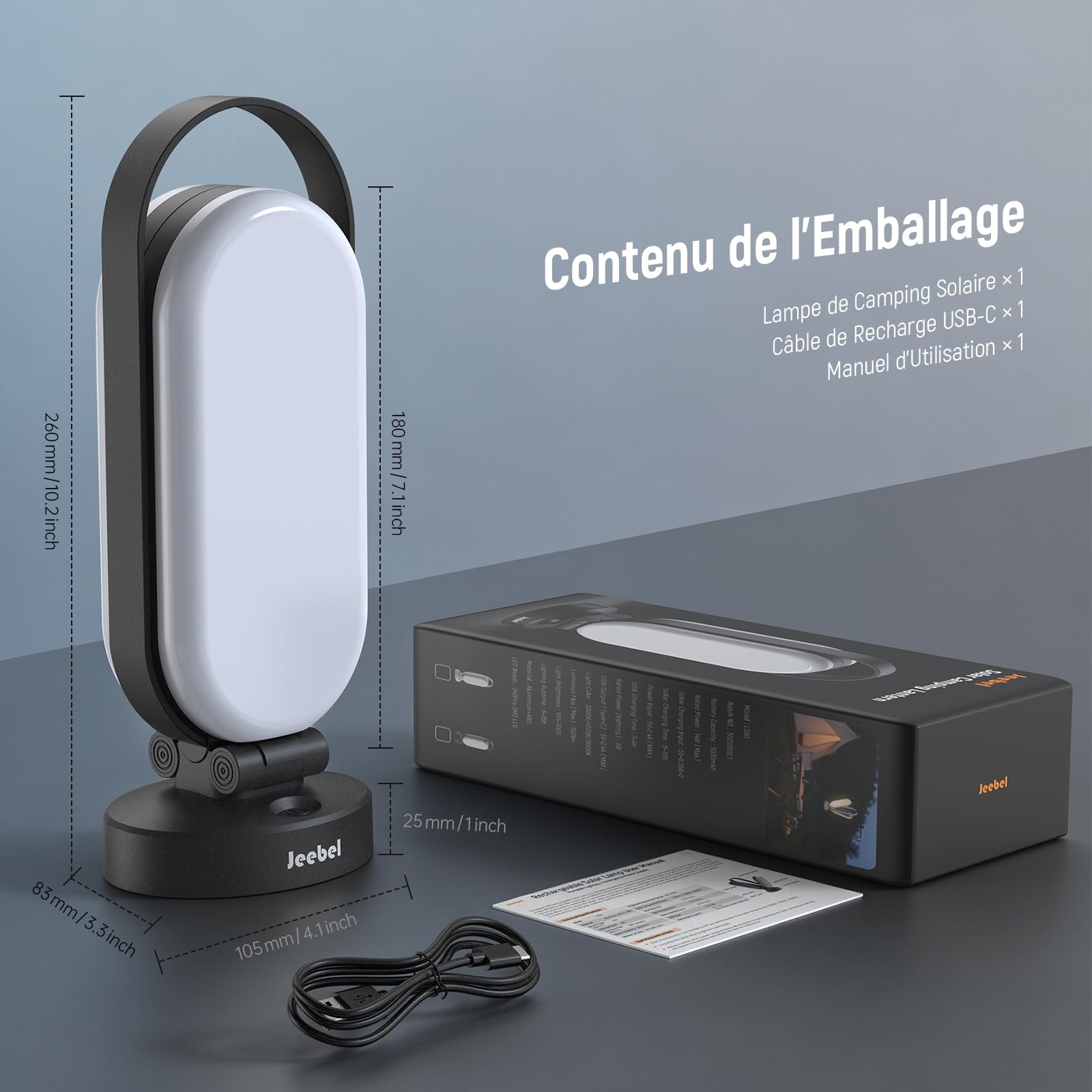 Jeebel Lampe de Camping Solaire, Lanterne LED Rechargeable Pliable avec Batterie Externe 5000mAh, Dimmable Tactile, 4 Modes, IP55, Lumière Tente pour Extérieur/Randonnée/Urgence/Pannes/Courant (Noir)