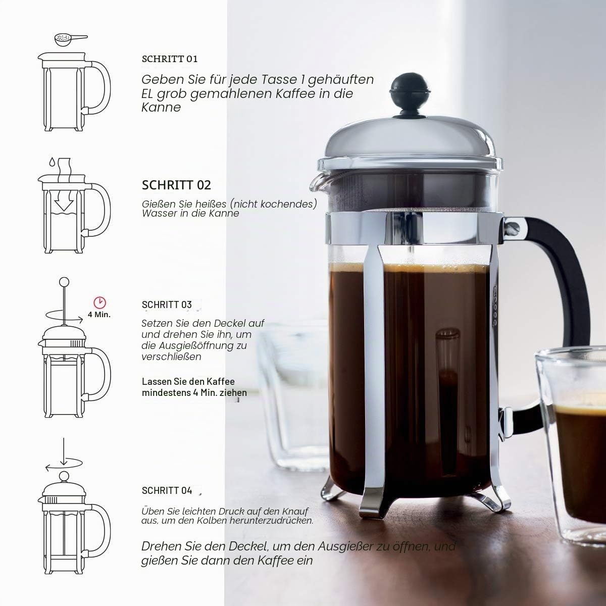 Bodum Chambord Kaffeebereiter 8 Tassen mit Metallrahmen, Chrom, Schwarz, 10.6 x 17.1 x 24.5 cm, 1 Einheiten
