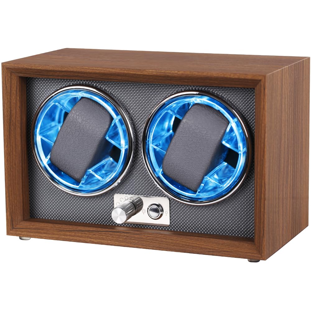 Remontoir de montre automatique avec LED, Grain de bois foncé avec 2 emplacements, 2 slots