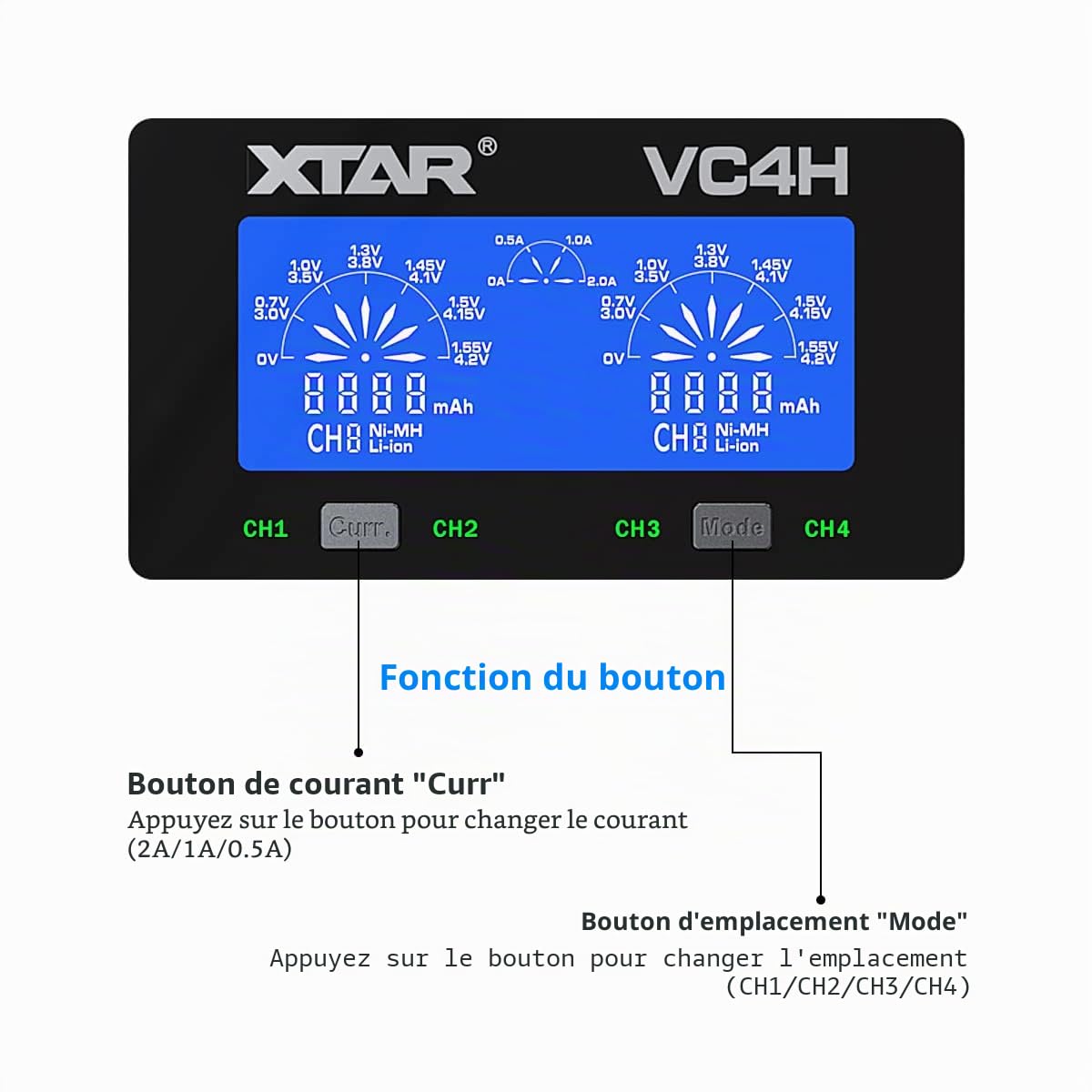 XTAR VC4H 18650 Chargeur de batterie 4 baies universel avec écran LCD USB pour Li-ion 3,7 V 16340 18350 20700 21700 26650 1,2 V NI-MH NI-CD AAA AA