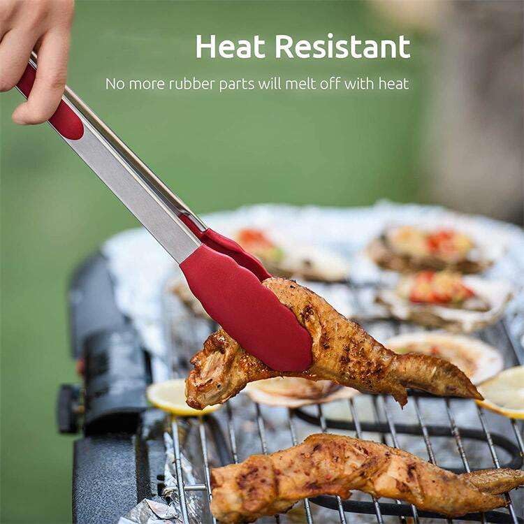 Image of Stainless Steel Food Tongs with Silicone Tips- 9 INCH | 230C Heat Resistant, Heavy Duty Non-Stick Tongs for Kitchen BBQ Cooking Grilling Buffet Noodles Salad Steak (RED)