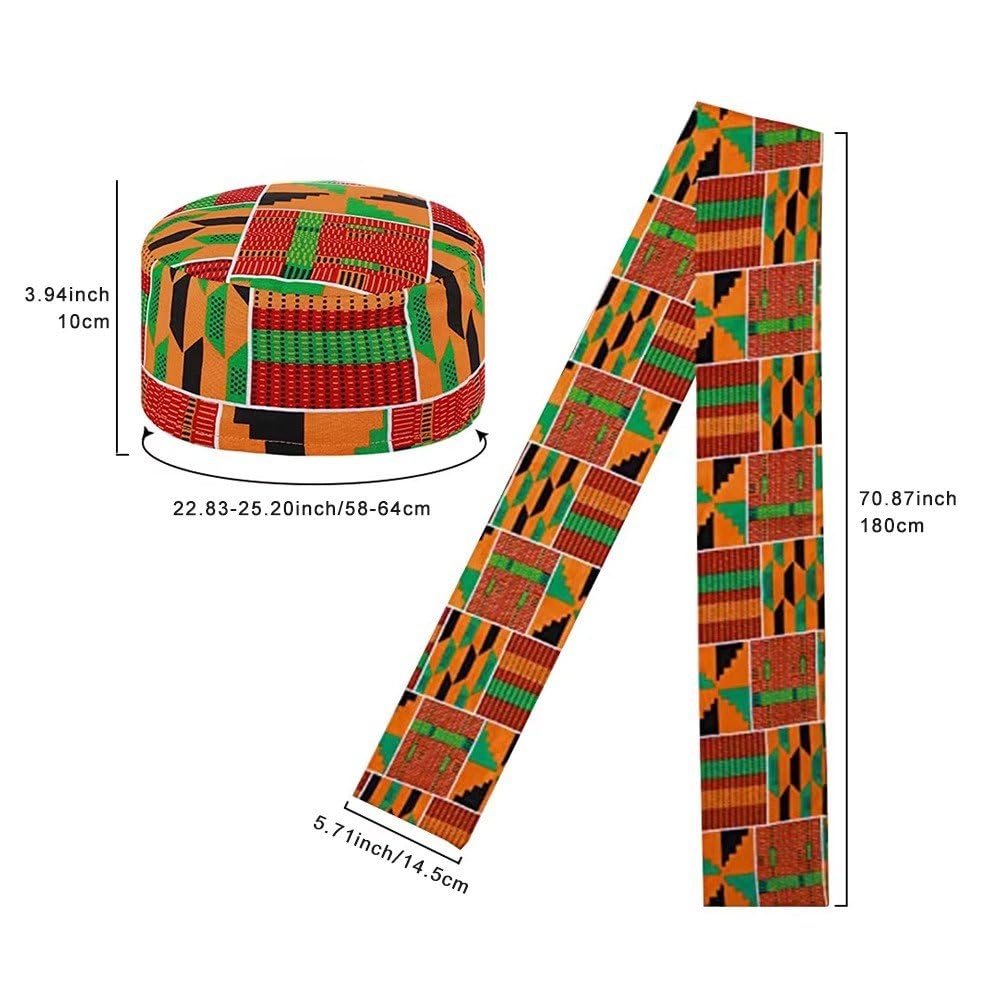 2 Pezzi Africani Kente Stampa Stola Fascia, Unisex Africano Modello Kente Scialle Cappello Kufi per Storia Africana Nera Uomo Bambino