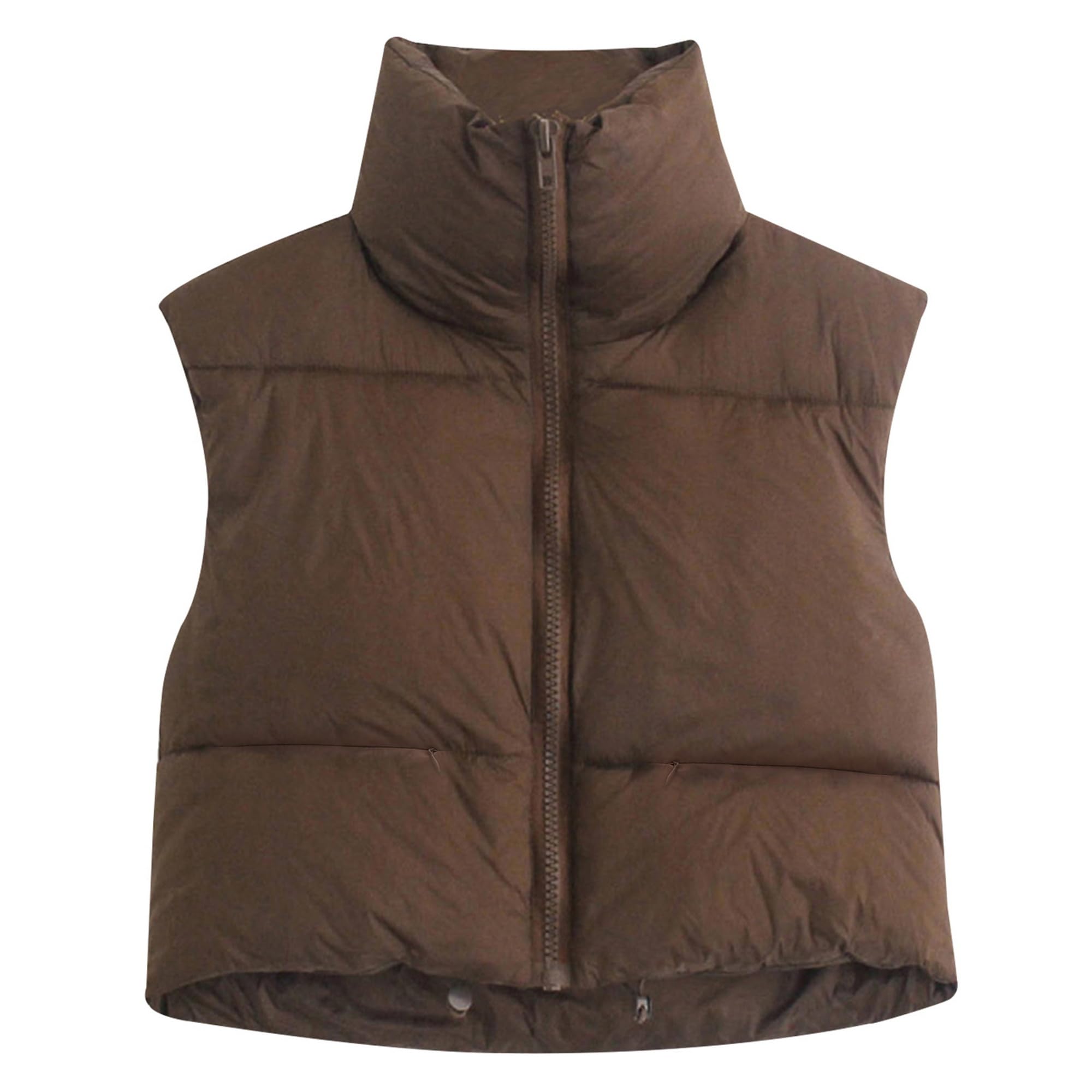 Hixiaohe Women's Winter Crop Vest Puffer Lightweight Stand Collar Padded Vest Zip Up Sleeveless Jacket Brown M