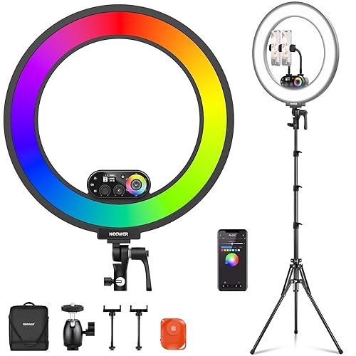 NEEWER RL45C 18" Edge Lit 45W RGB LED Ring Light with Phone Tripod Stand Remote CRI95+ 3100lux/0.5m 2500K–10000K 360° Full Colors App/2.4G Control Compatible with iPhone Selfie Makeup Video Recording - RL45C w/2 Phone Holders