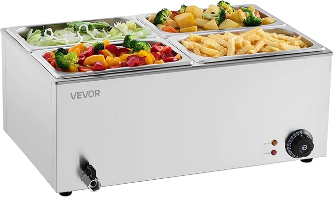 VEVOR 4-Pan Commercial Food Warmer, 15.9QT Electric Steam Table, 1200W Professional Countertop Stainless Steel Buffet Bain Marie with 86-185°F Temp Control for Catering and Restaurants, Silver