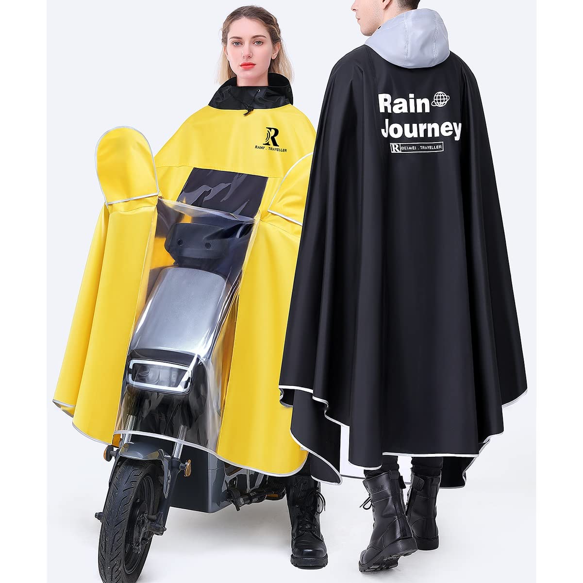 Chubasquero de ciclismo de doble uso doble e indiv Poncho de lluvia impermeable con capucha y ala desmontable, capa de lluvia unisex a prueba de viento con cubierta de espejo, for bicicleta eléctrica,