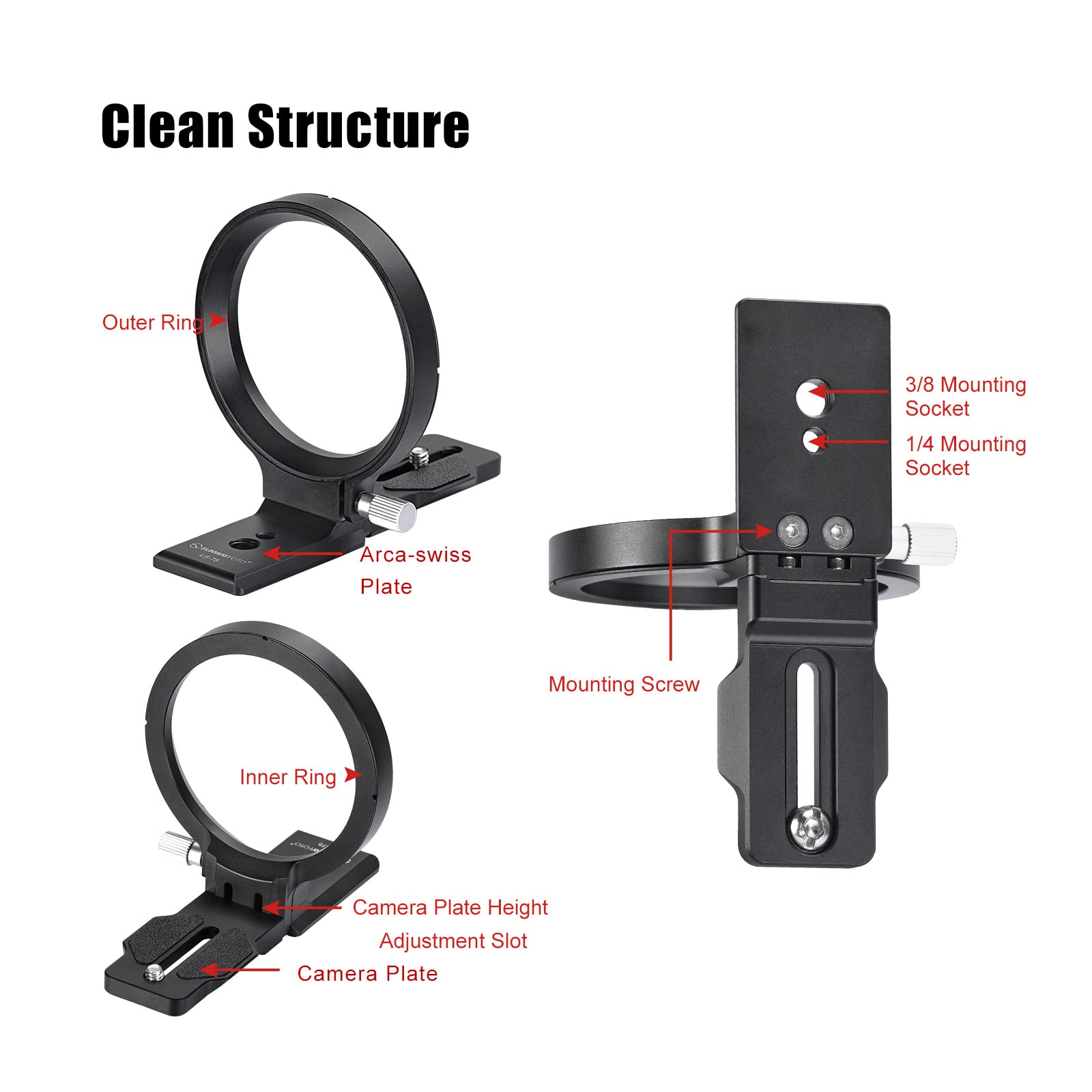 SUNWAYFOTO LS-75 Collare rotante universale per fotocamere DLSR, supporto per obiettivo con anello per treppiede, supporto per piastra Arca Swiss Mount DSLR commutazione verticale orizzontale