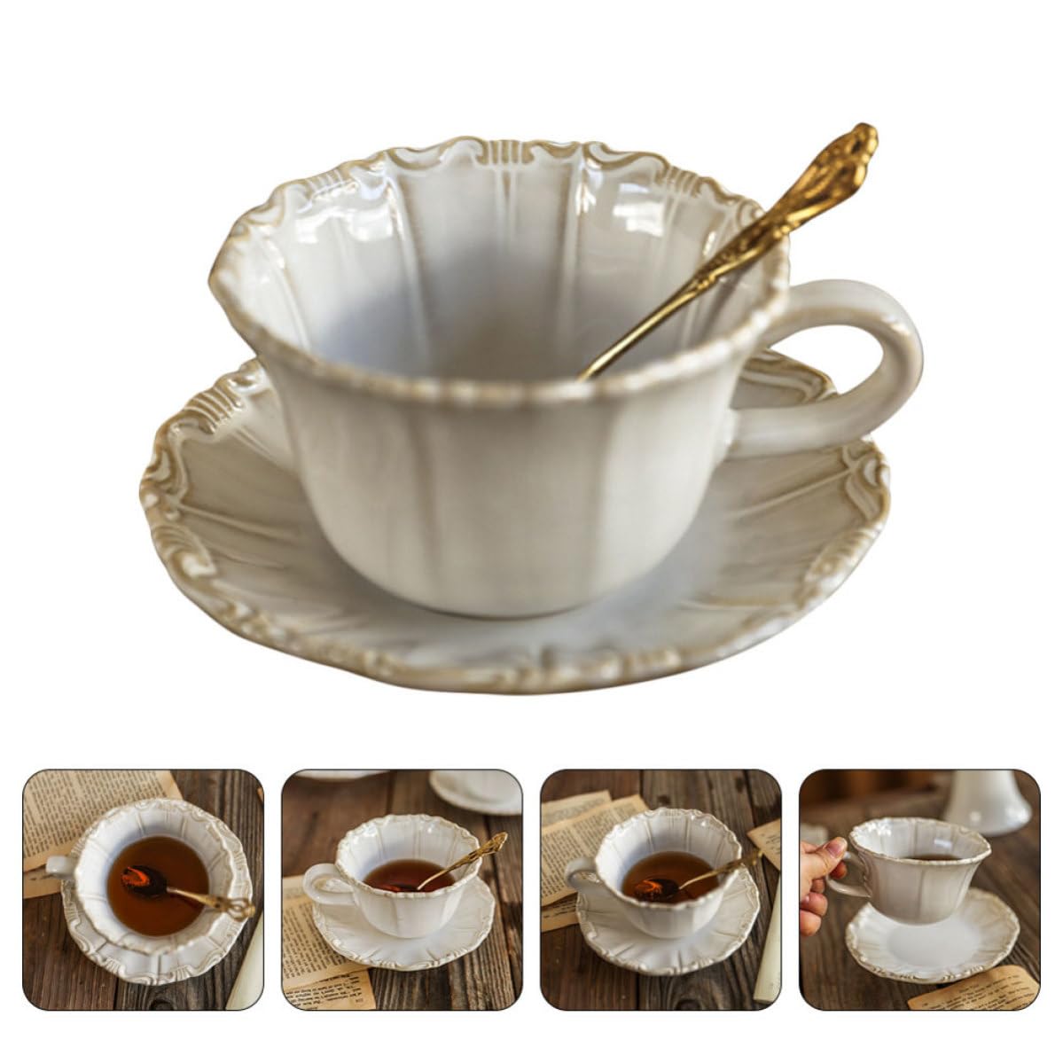 DECHOUS Juego de Taza de Cerámica Estilo Elegante Vintage de 300ml Platillo Antideslizante y Fácil de Limpiar, Adecuado para Disfrutar Café o Té en Casa