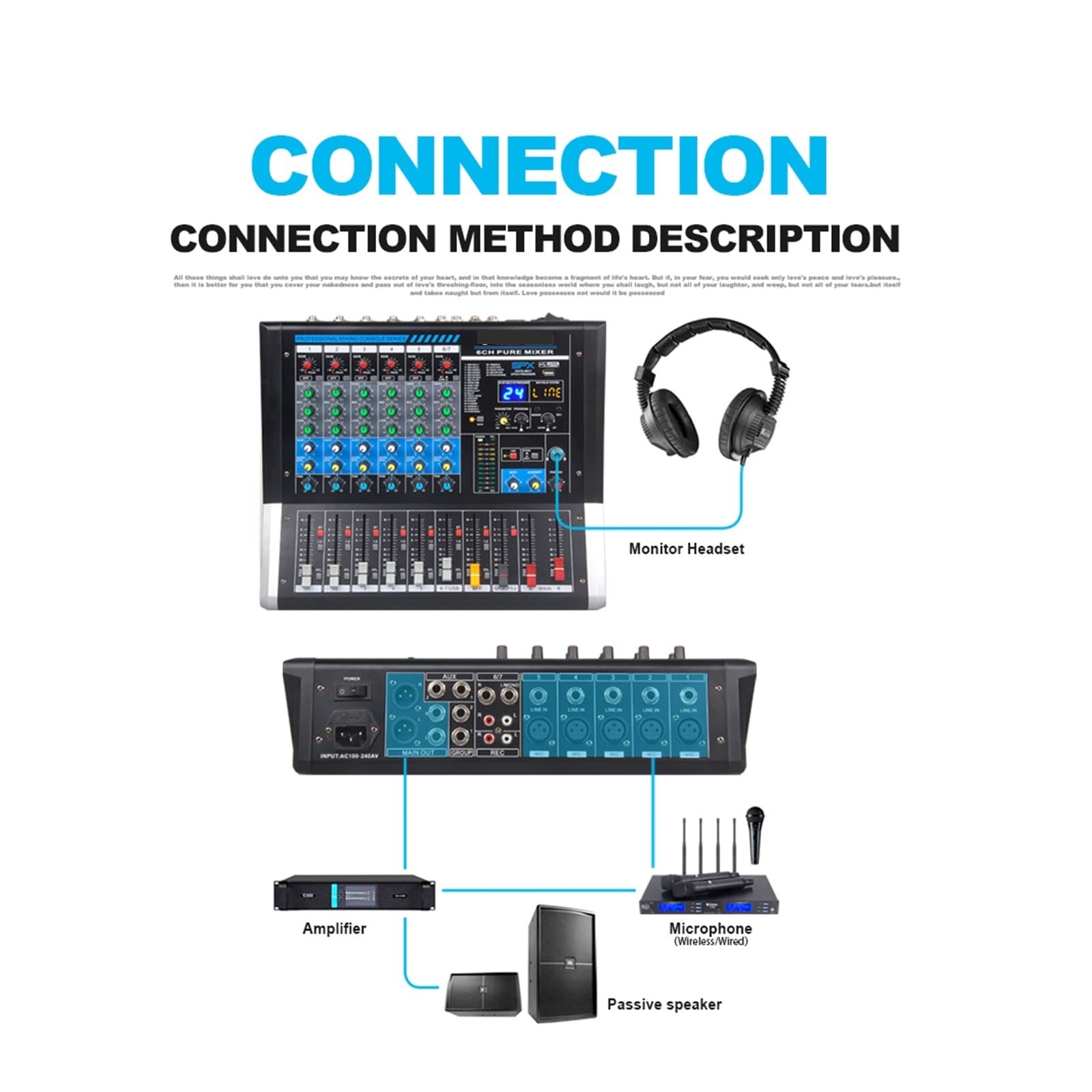 Audiomixer Dj-Mixer Soundboard, 6-Kanal-Mixer DJ-Controller-Soundkarte mit 24 DSP-Effekt USB Bluetooth for DJ-Aufnahmestudio Klarer Klang, Einfache Bedienung