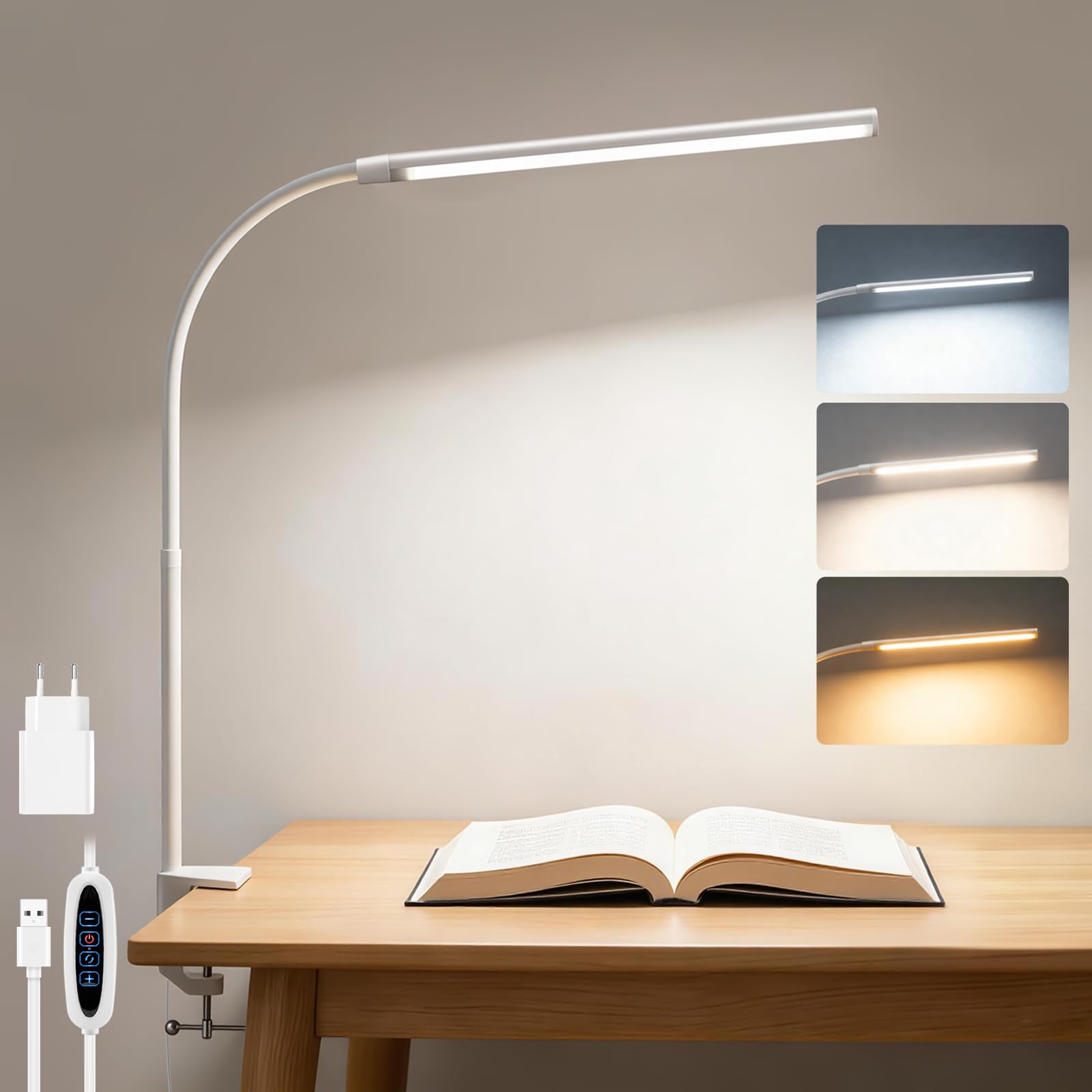Akynite Luz Escritorio USB con Pinza, Adaptador incluido, 3 Colores y 10 Intensidad, Lámpara Escritorio LED, Flexible Lámpara USB para Lectura Uñas Coser, Blanco