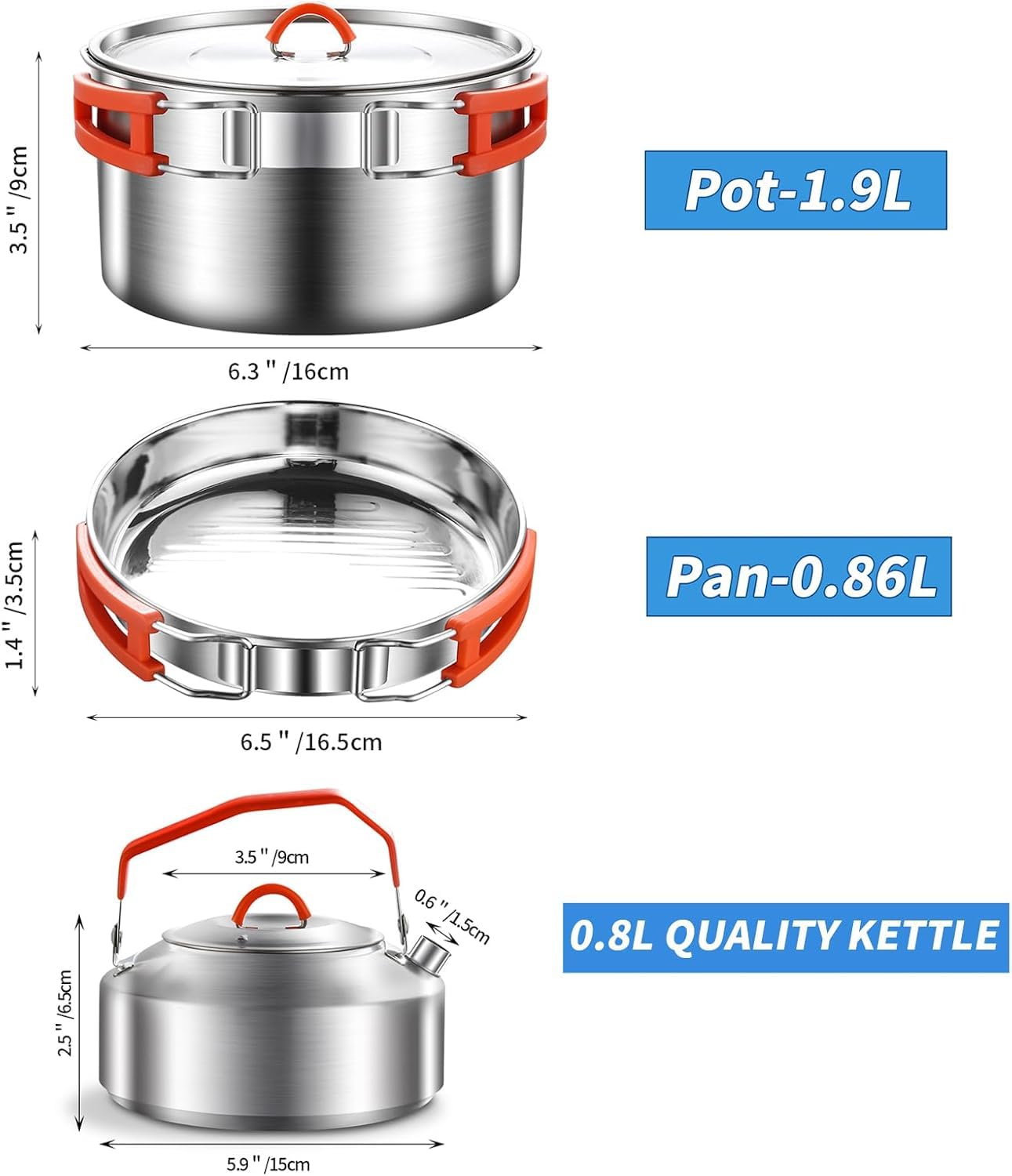 Camping Kochset, Camping Kochgeschirr Set, 304 Edelstahl Camping Töpfe und Pfannen Set, beinhaltet Topf Nonstick Bratpfanne Wasserkocher in Mesh Tasche für Wandern Outdoor Kochen Rucksack für 1-2 Mens
