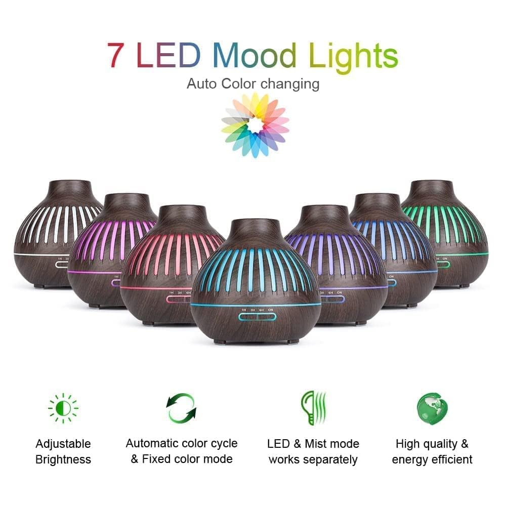 Essential Oil Diffuser, Aromatherapy Diffuser 500ml with Remote Control, 4 Timer & Auto-Off Safety Switch, 7 Color LED Lights Mode, 10 Hours Quiet Humidifier for Bedroom, Office & Home (G.Dark Brown)