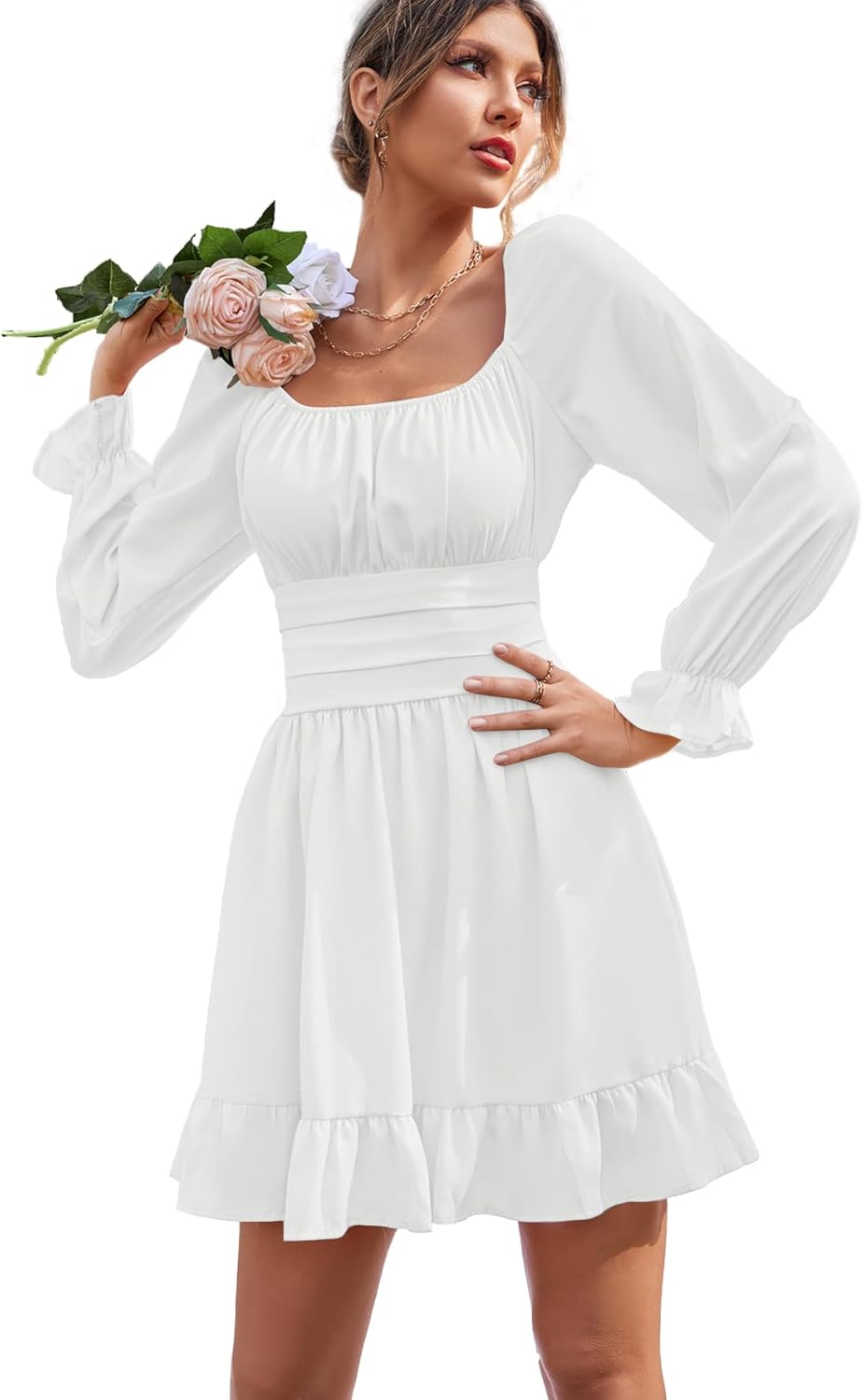 LYANER Women's Square Neck Tie Back Elastic Waist Long Sleeve Ruffle Hem Mini Dress - Image 6