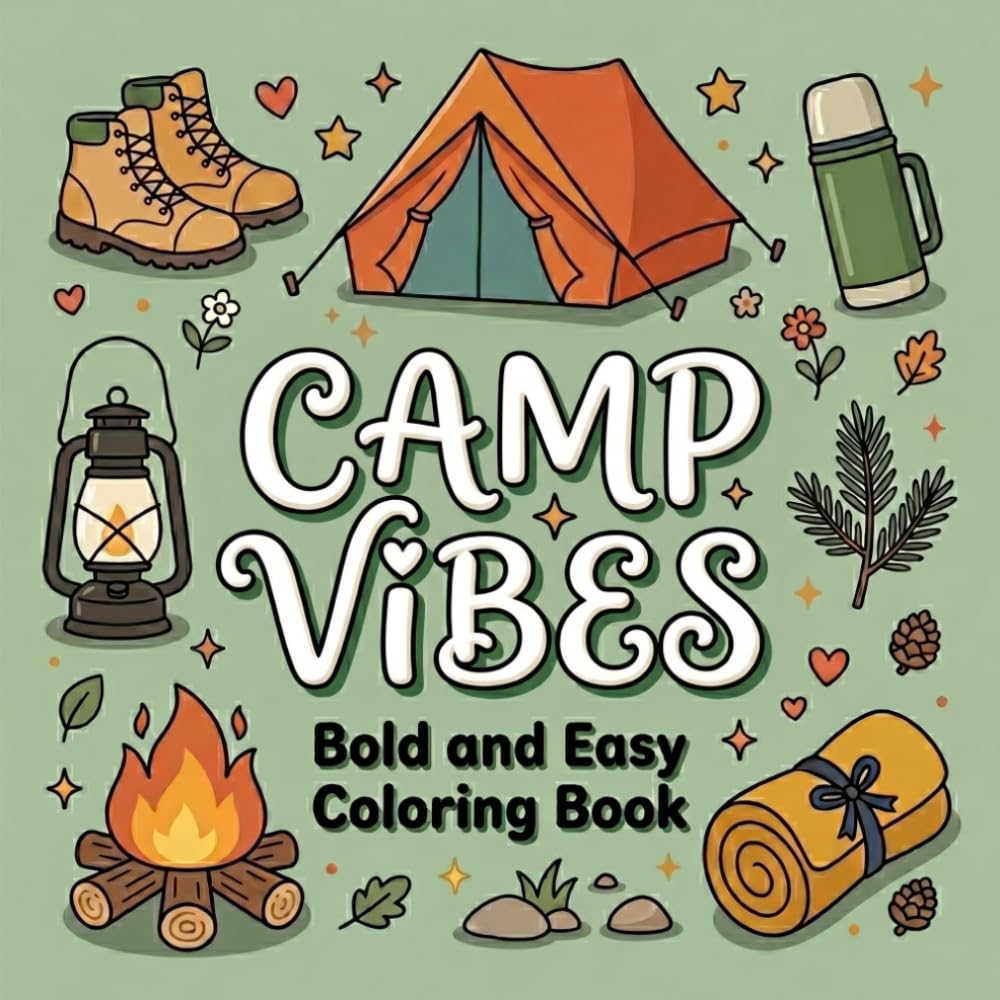 CAMP VIBES COLORING BOOK: Bold and Easy Coloring Book with Tents, Lanterns, Campfires, Hiking Gear, Wildflowers & Cozy Outdoor Adventures