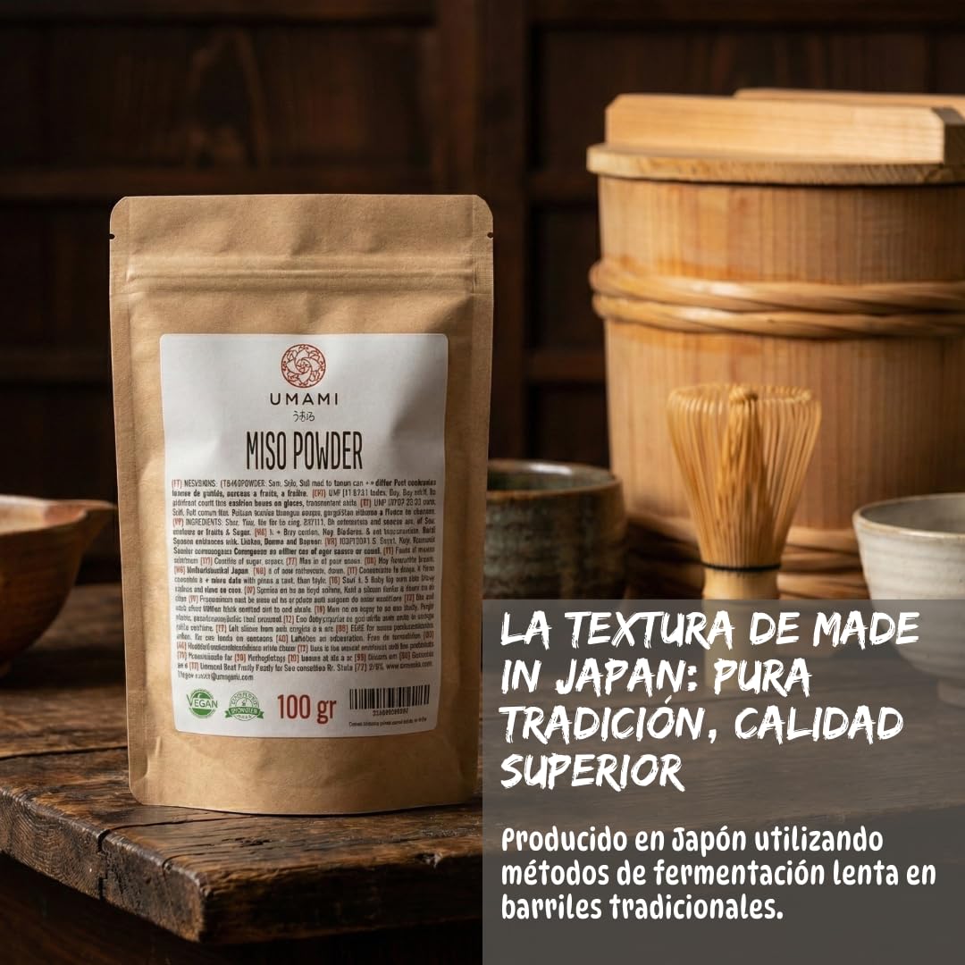 Umami Miso en Polvo Japonés 100g - Sazonador Instantáneo Fermentado - Potenciador de Sabor Natural - Sin Glutamato y Vegano