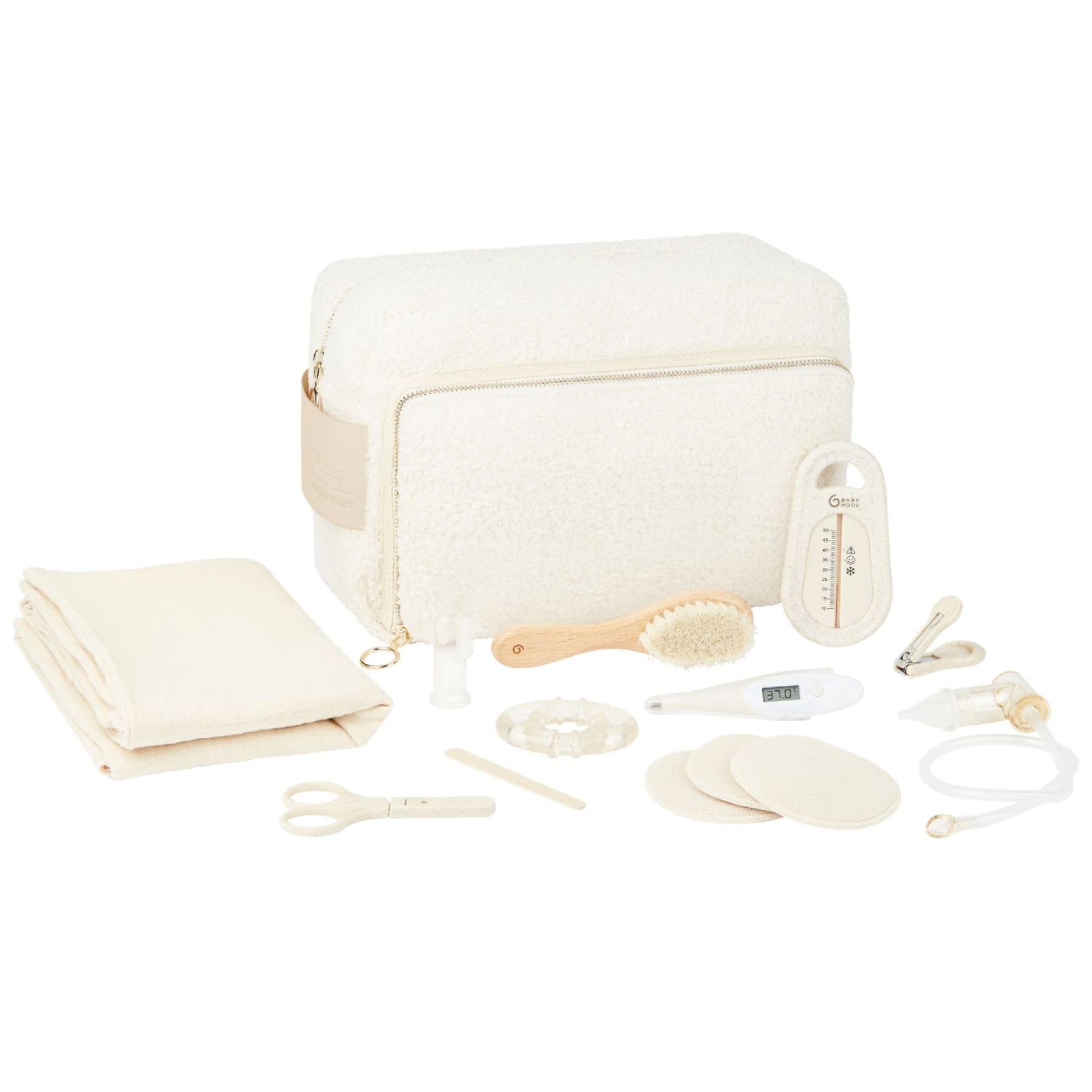 Babymoov Neceser para el cuidado del bebé, 11 artículos esenciales para recién nacidos, incluyendo aspirador nasal, termómetro de baño y cortauñas; Gran tamaño: 6 litros; práctico y elegante.