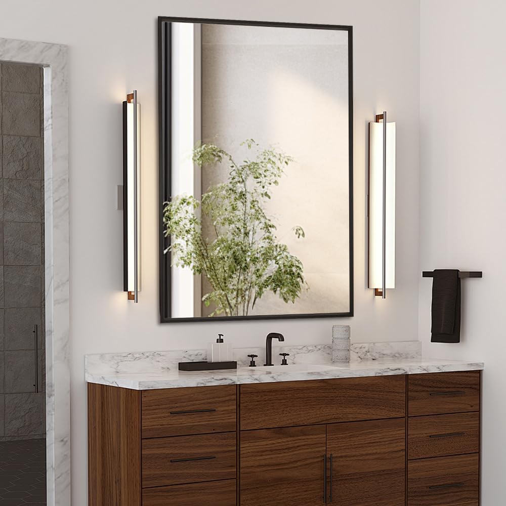 Black 20x16 Inch Metal Framed Mirror for Wall, Large Rounded Rectangle Mirror, Anti-Rust, Tempered Glass, Hangs Horizontally or Vertically 20"L x 16"W Black