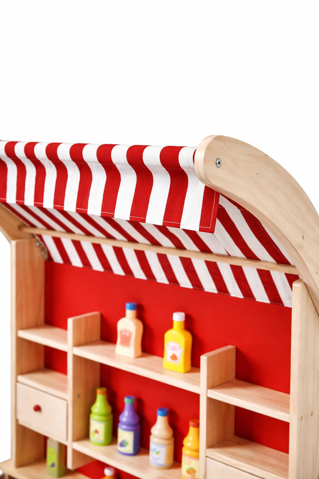 Market in Legno per Bambini con Banco Vendita e Accessori Alimentari, Lavagna con Gesso e Tenda Negozio Gioco di Ruolo Educativo Stabile Sicuro Struttura Robusta 84x64x117 cm Regalo Bambini 3