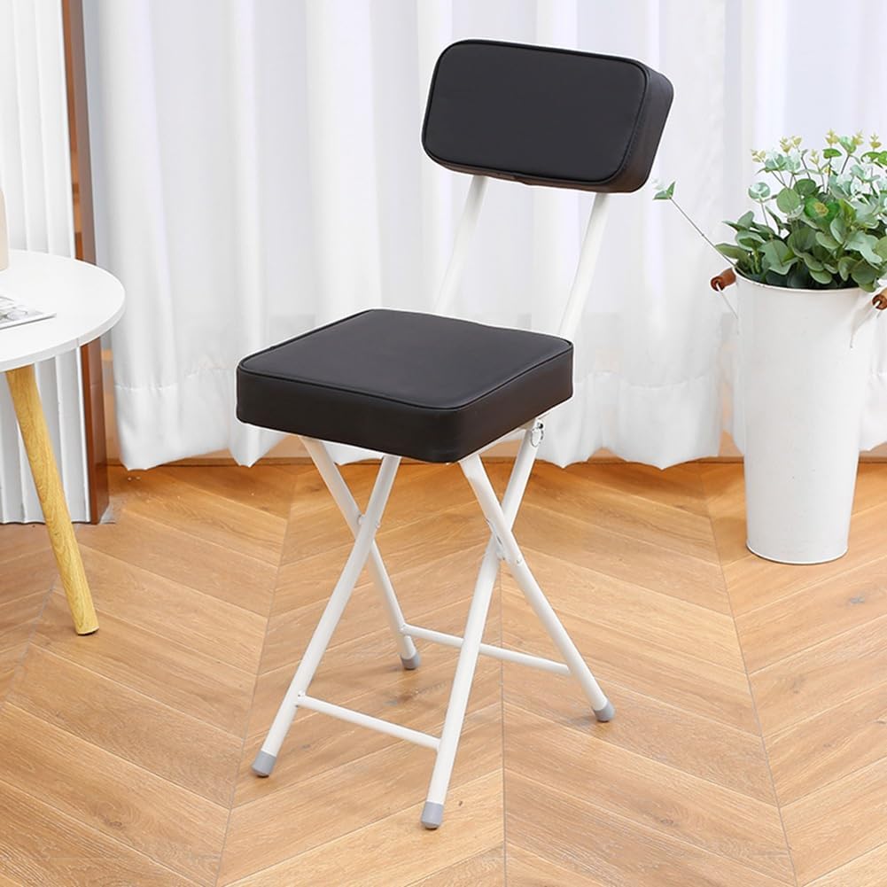 Square Folding Stool - Foldable Chair with Backrest, Portable Bar Stool with PU Padded Seat, 120KG/265Lbs Capacity (Seat Height: 48 Cm/19 Inches) (Black, 1Pc)
