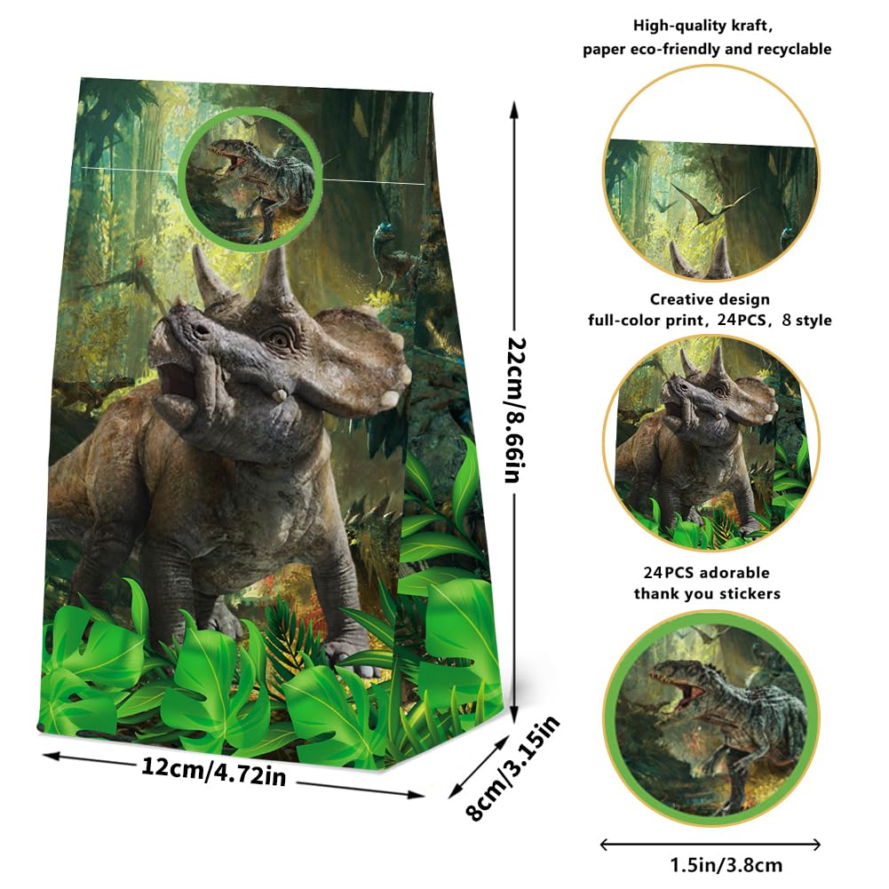 24 Pcs Jurassic Dinosaur Paper Bags with Stickers,Dino Birthday Themed Party Favor Bags Gift Bags,Dinosaur Themed Birthday Party Decor Supplies, 4 Designs(24pcs-Dinosaurbags)