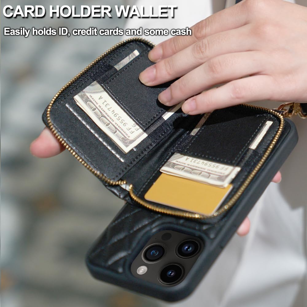 LAMEEKU Compatible with iPhone 13 Pro Max Wallet Case, Crossbody Chain Case Quilted Leather for iPhone 13 Pro Max, 6.7 Inch-Black - Image 4